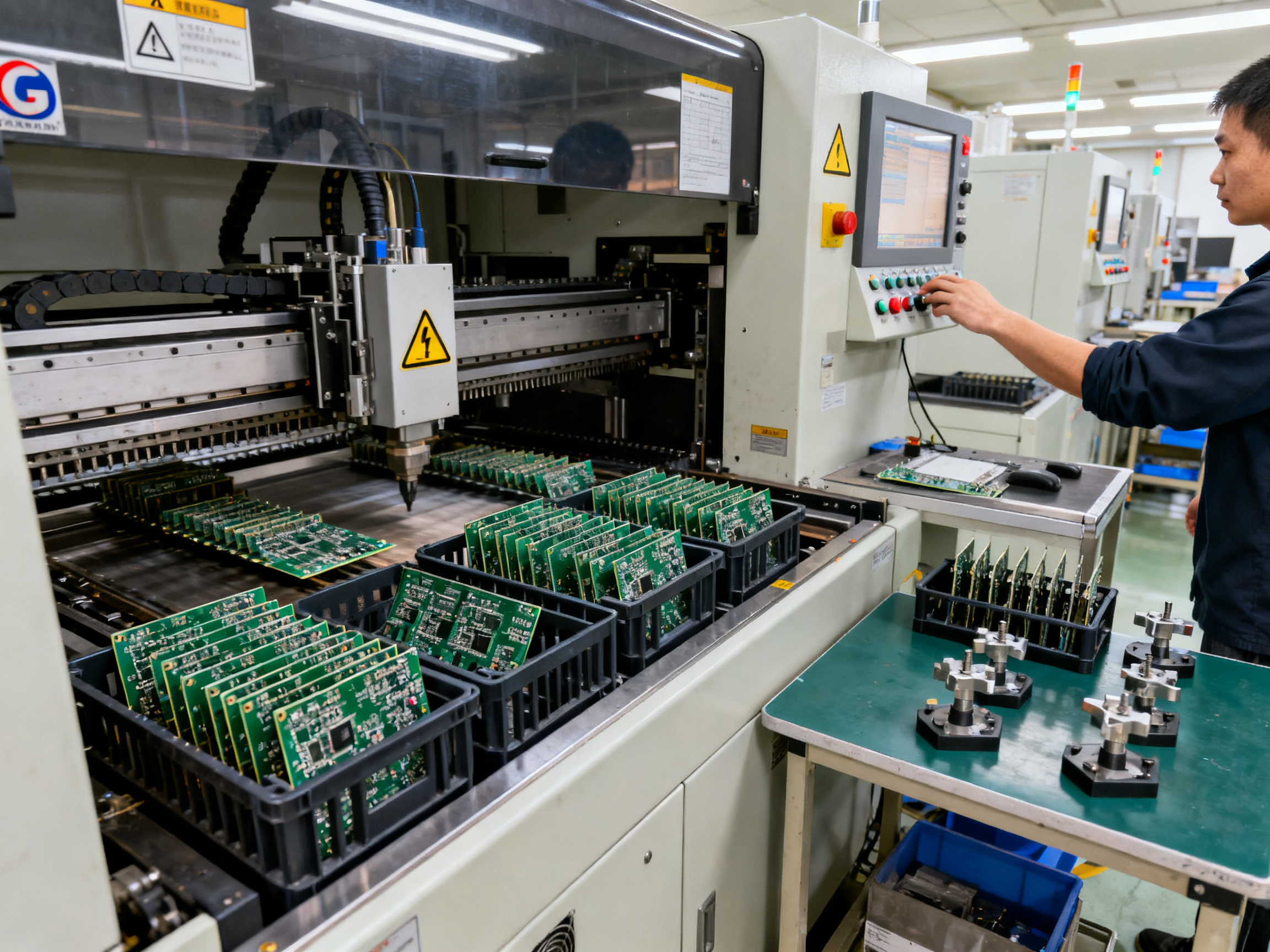 Practical factory documentation view showing PCB assemblies moving through a selective soldering system.