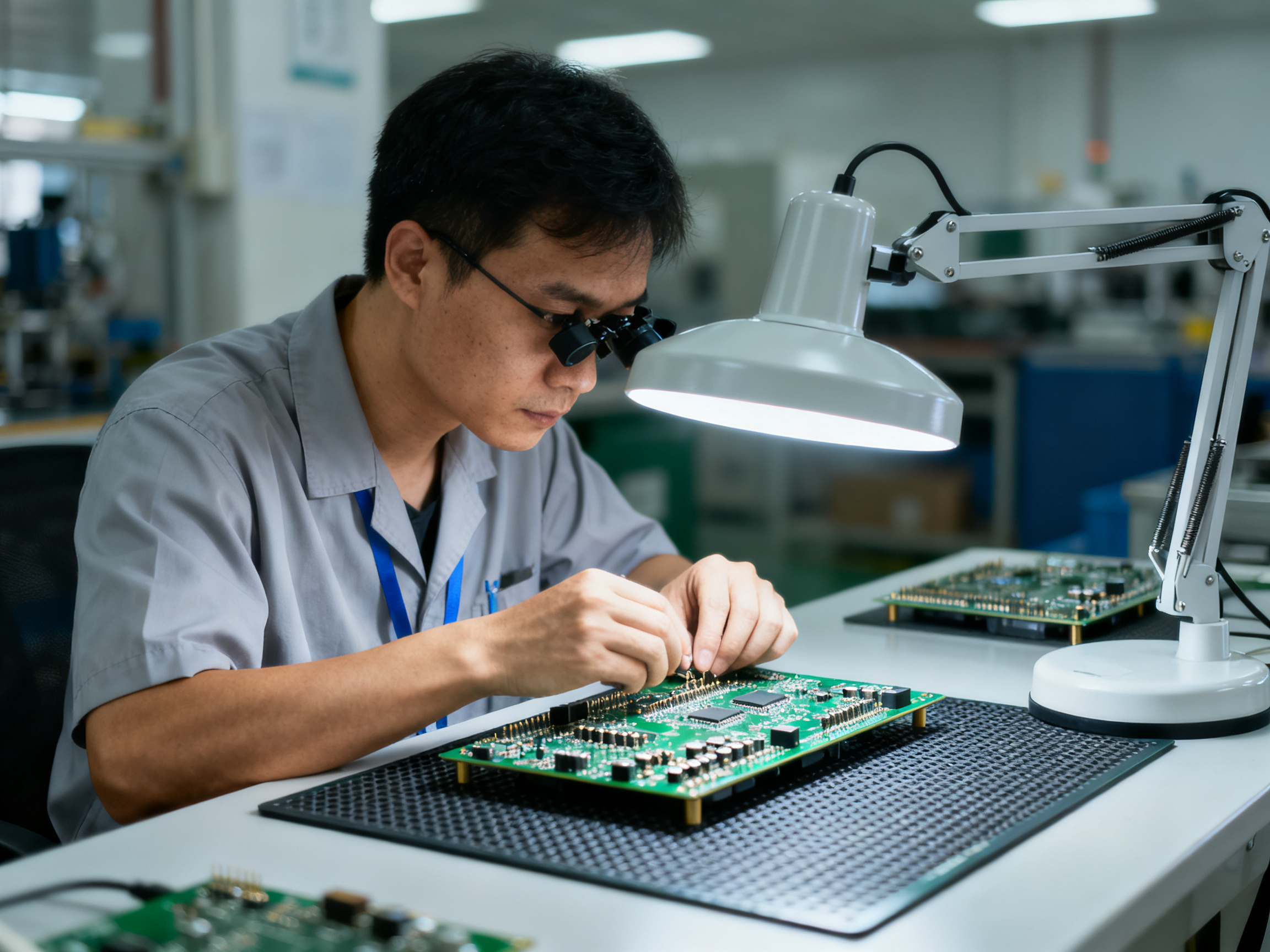 Mastering Reflow Ovens: A Complete Guide to Operation, Optimization, and Troubleshooting2 - S&M Co.Ltd Quality technician performing visual inspection of soldered PCB assemblies under magnification with proper lighting.