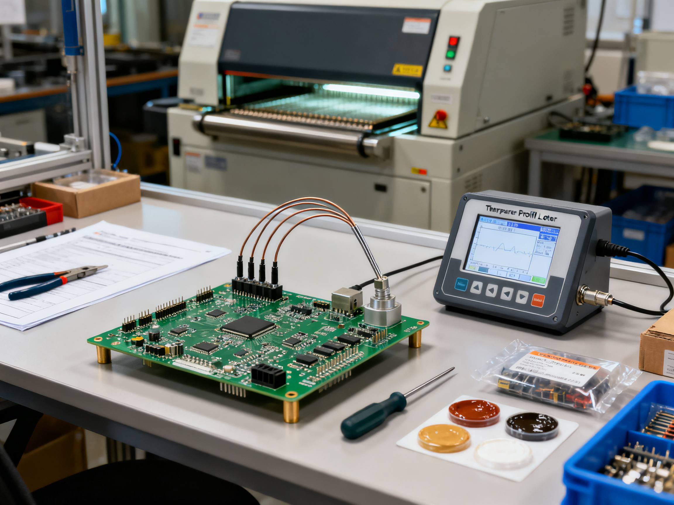 How to Set Up an SMT Production Line in 2026: Complete Equipment and Process Guide3 - S&M Co.Ltd Engineering validation scene showing a thermal profiling system with thermocouples.