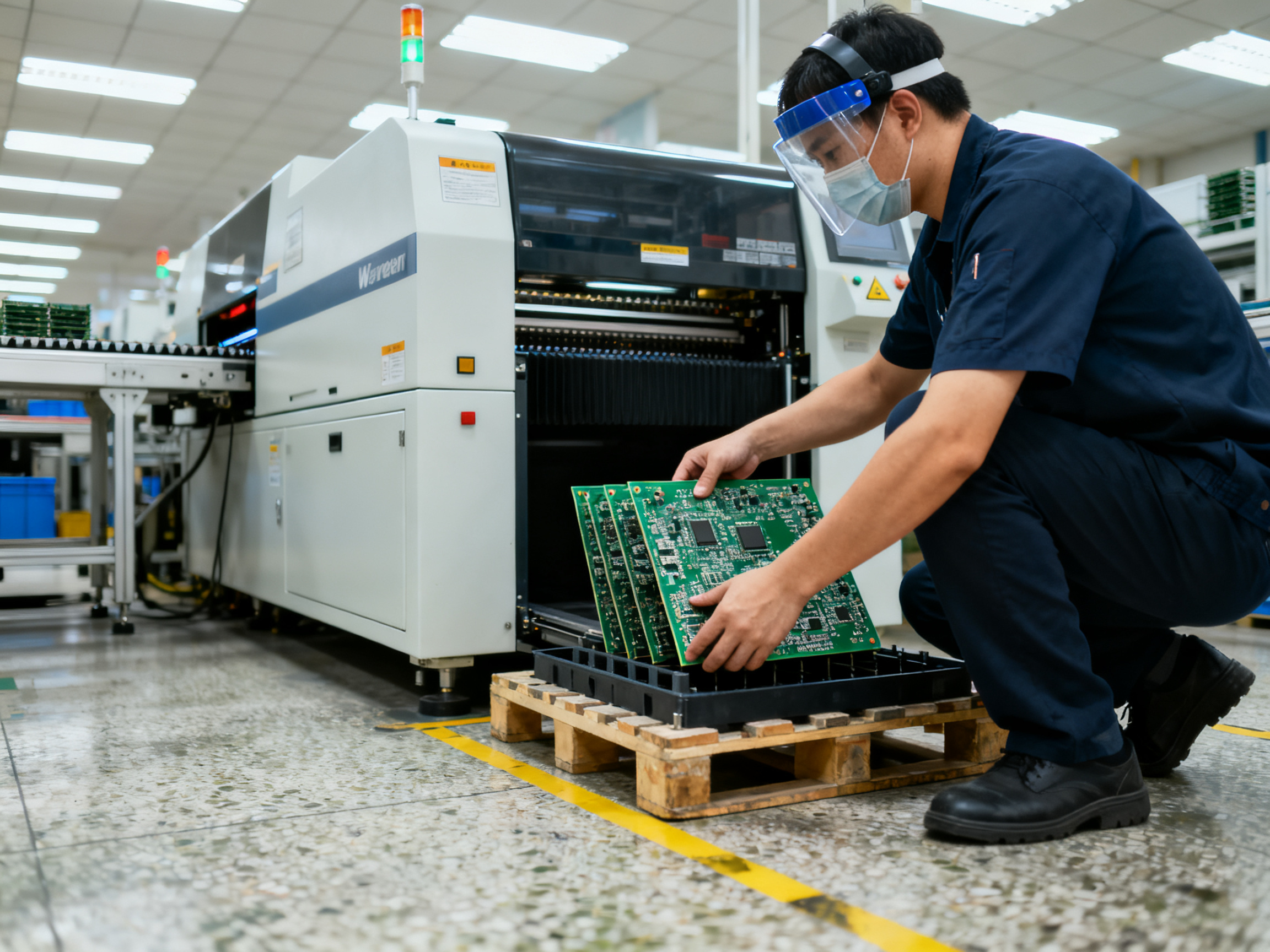 What Is Wave Soldering? Complete Process, Machine Setup, Profiling, and Applications Guide1 - S&M Co.Ltd Industrial documentary photography of operator loading printed circuit board assembly.