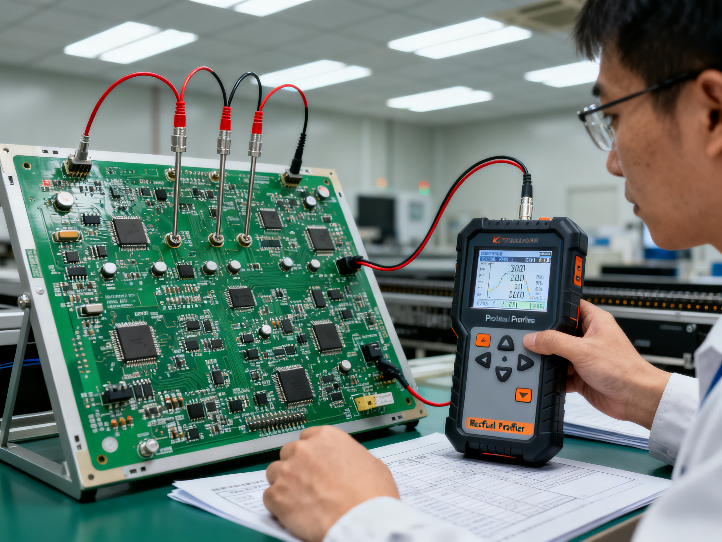 Mastering Reflow Ovens: A Complete Guide to Operation, Optimization, and Troubleshooting1 - S&M Co.Ltd Engineer validating reflow profile using a data logger connected to thermocouple on a PCB test board.