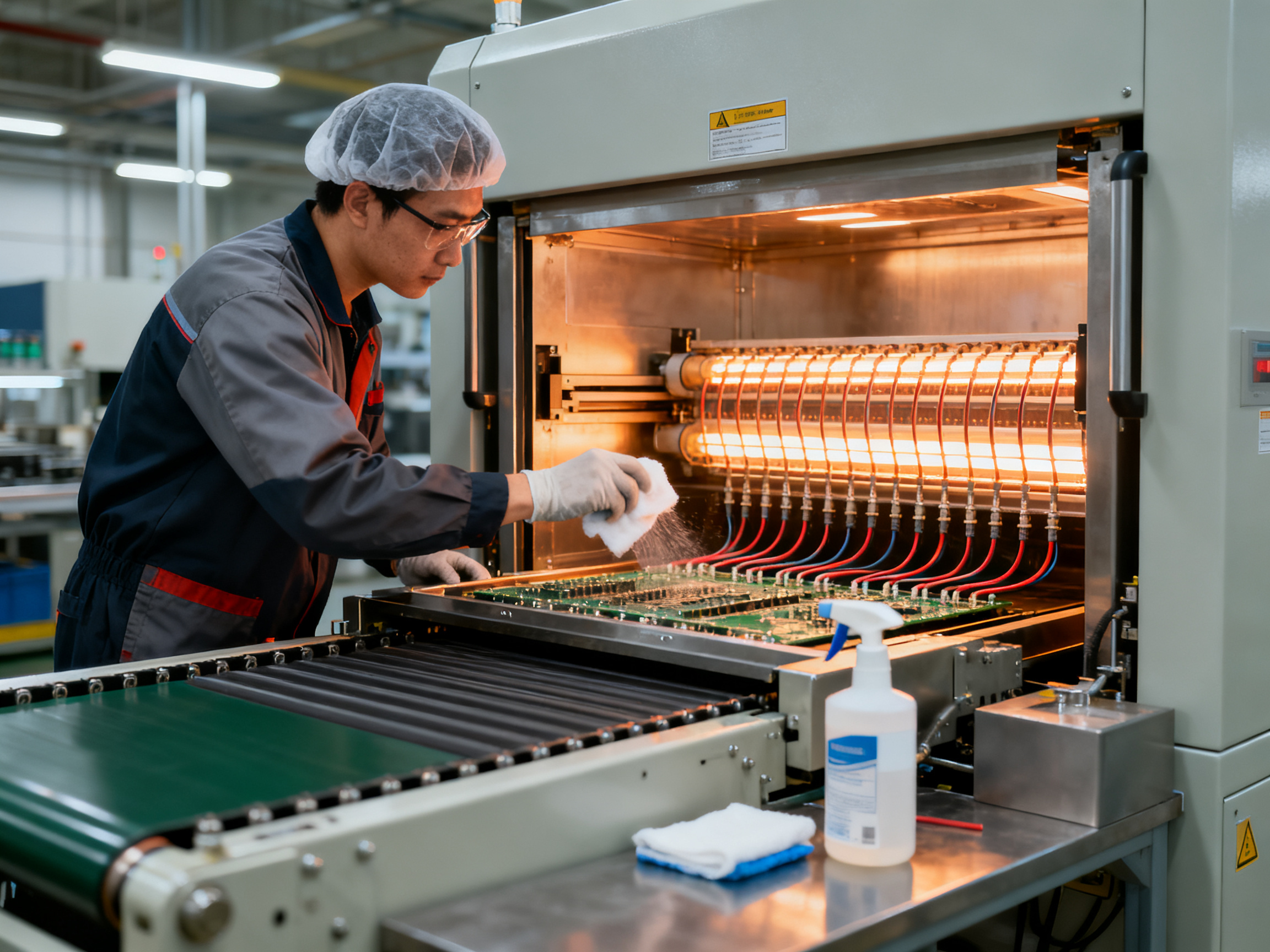 Mastering Reflow Ovens: A Complete Guide to Operation, Optimization, and Troubleshooting3 - S&M Co.Ltd Factory technician cleaning heating chamber of a reflow oven during scheduled maintenance with proper safety equipment.