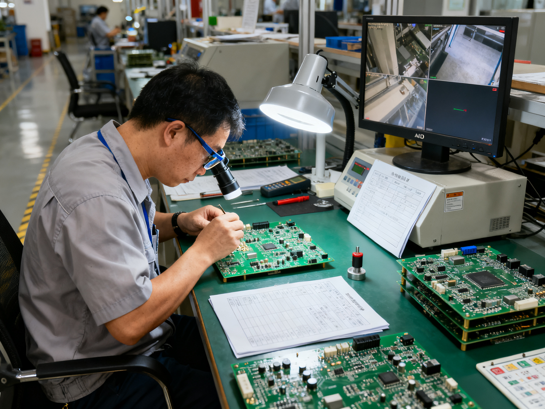 A quality control engineer in an electronics factory examining a soldered circuit board under magnification.