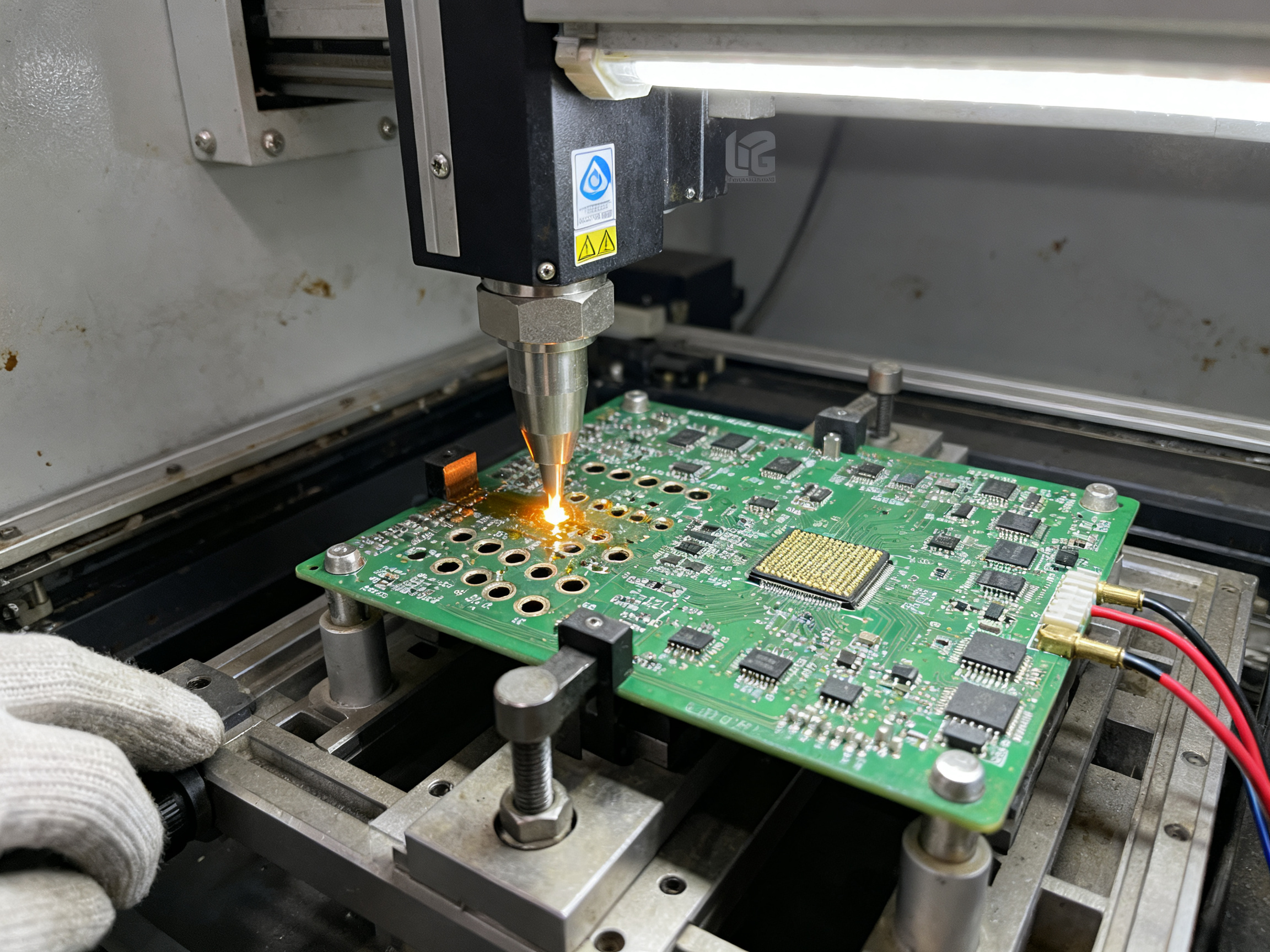 A close documentary photograph of a selective soldering nozzle dispensing molten solder onto a circuit board.
