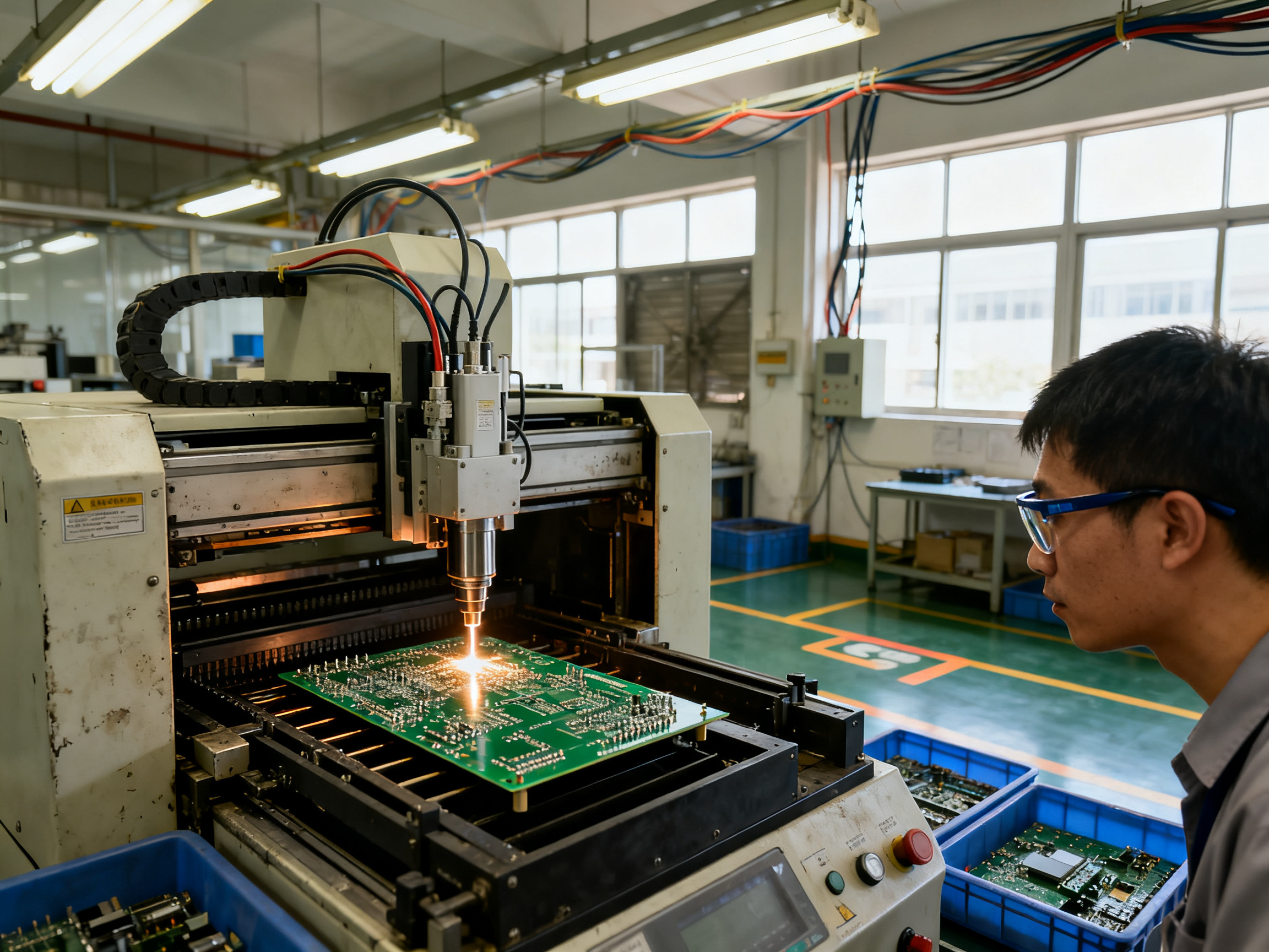 A documentary style photograph of an industrial selective soldering machine in a manufacturing facility.