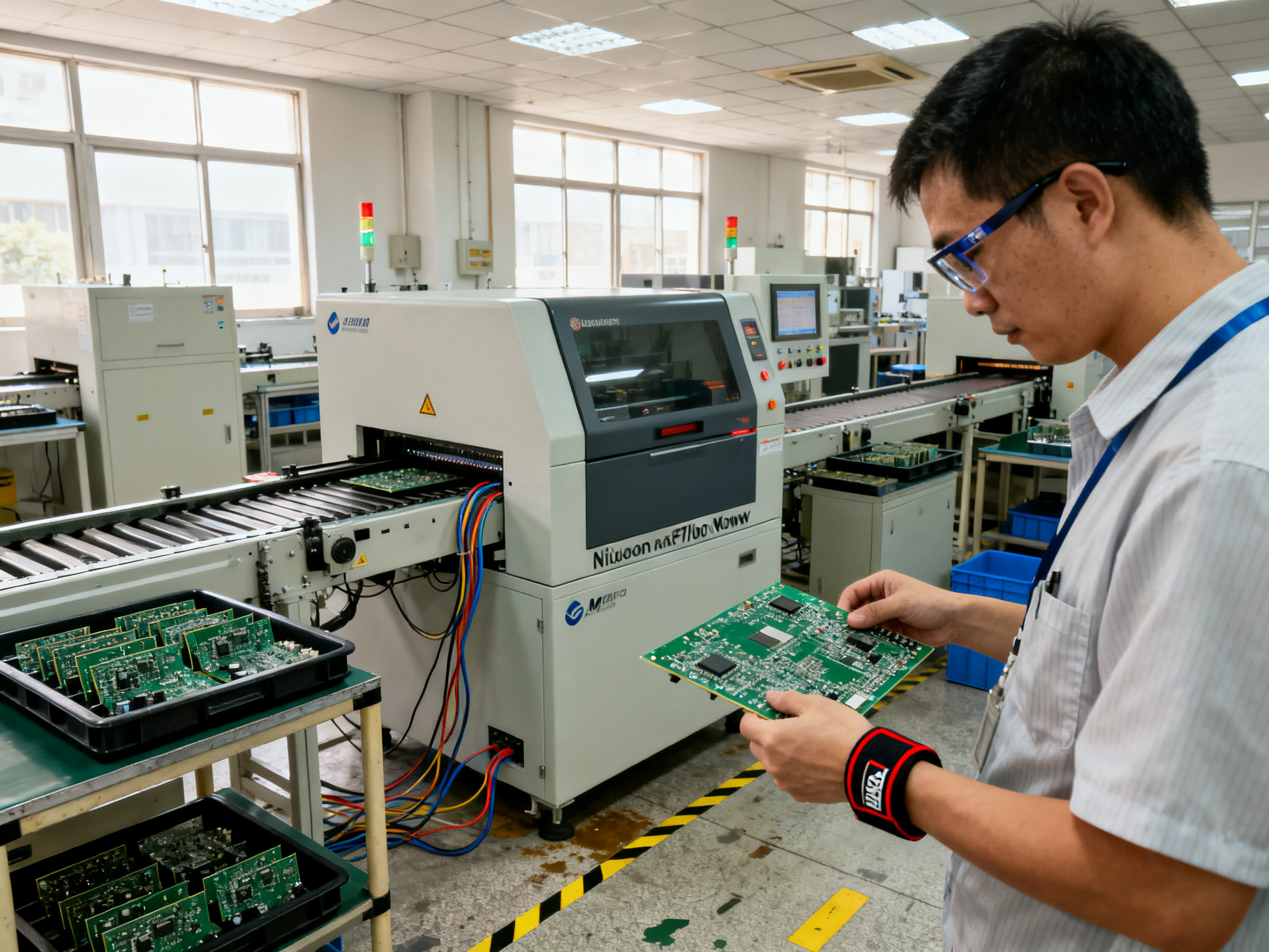 Smt factory production line with a nitrogen reflow oven in the middle of an assembly line.