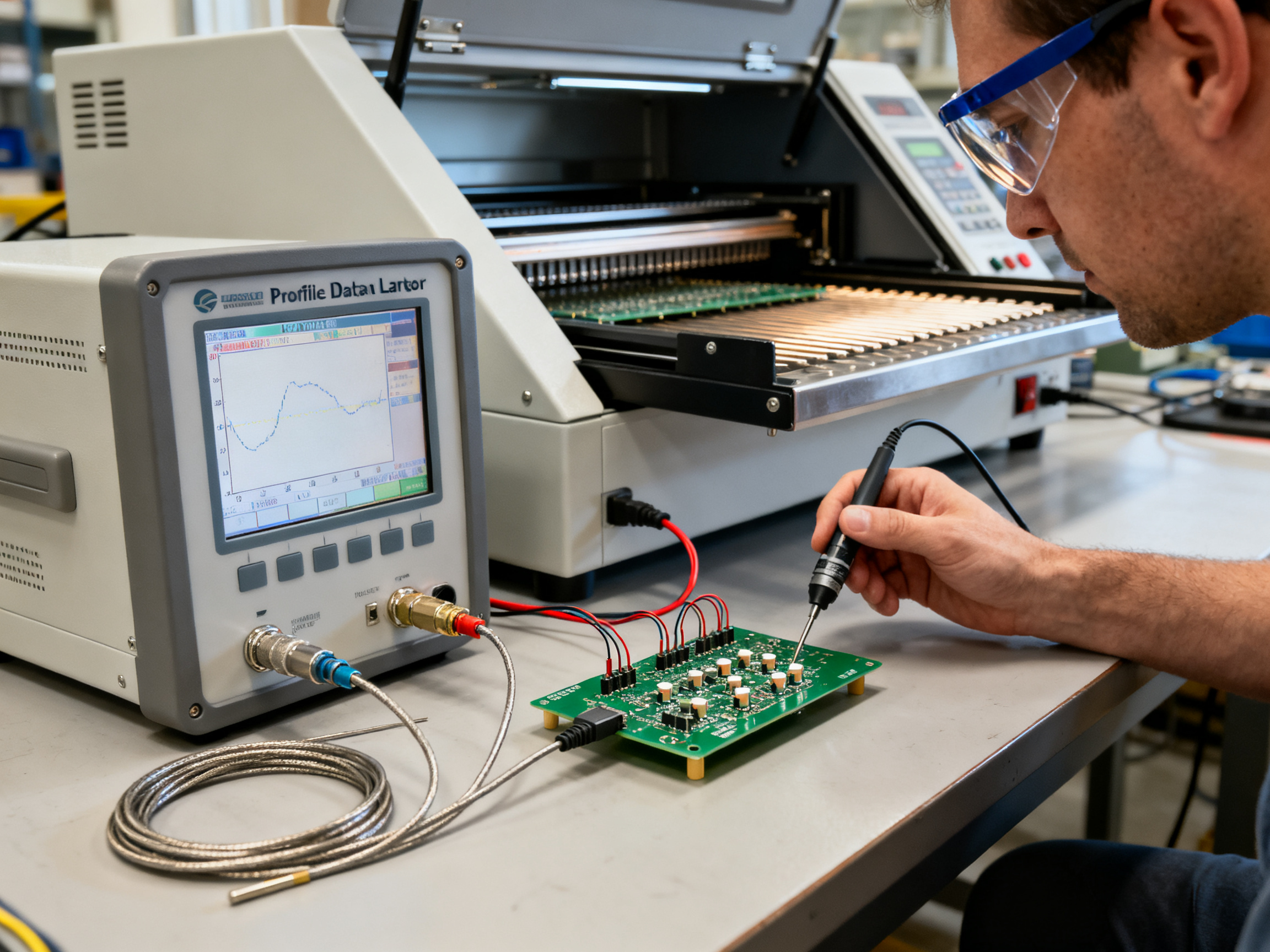 Engineer validating reflow temperature profile in an SMT facility close view of control panel.
