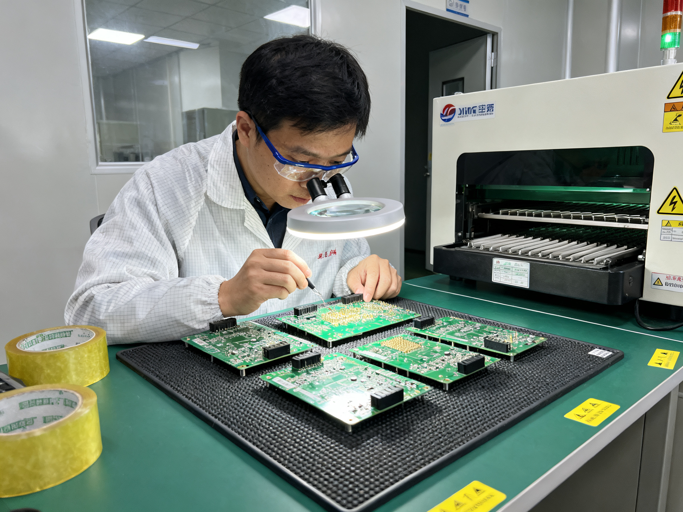 Quality control engineer inspecting assembled circuit boards for solder joint defects.