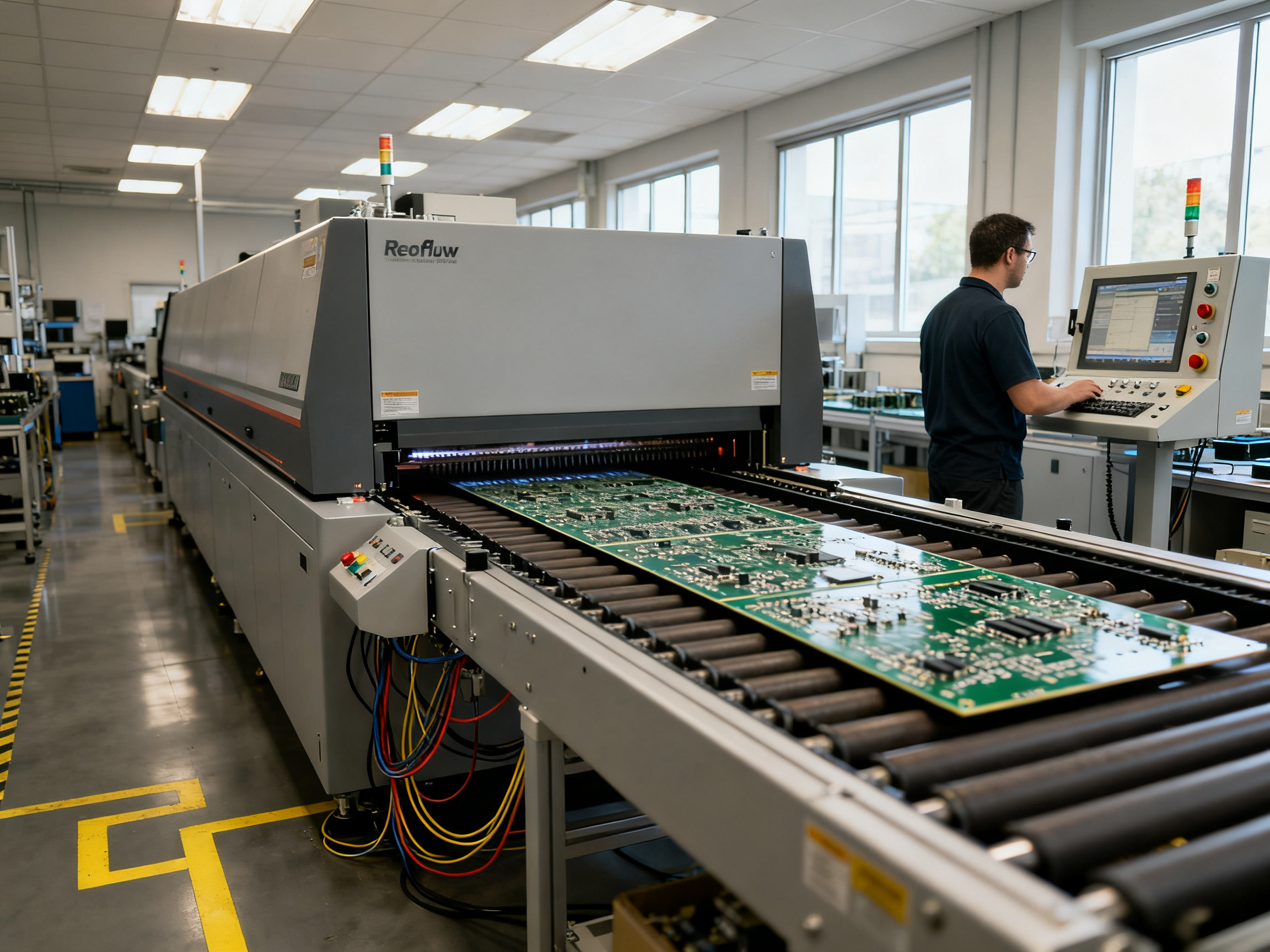 Industrial reflow oven in an electronics assembly factory conveyor moving a PCB.
