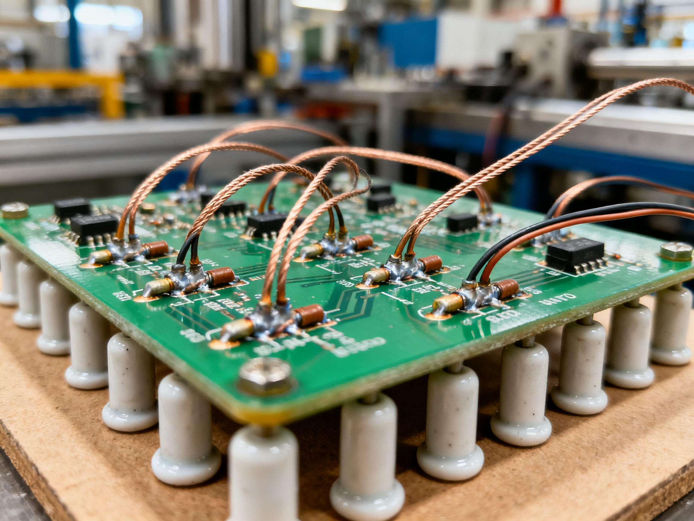 Close up of a PCB assembly with fine gauge thermocouple wires attached to solder.