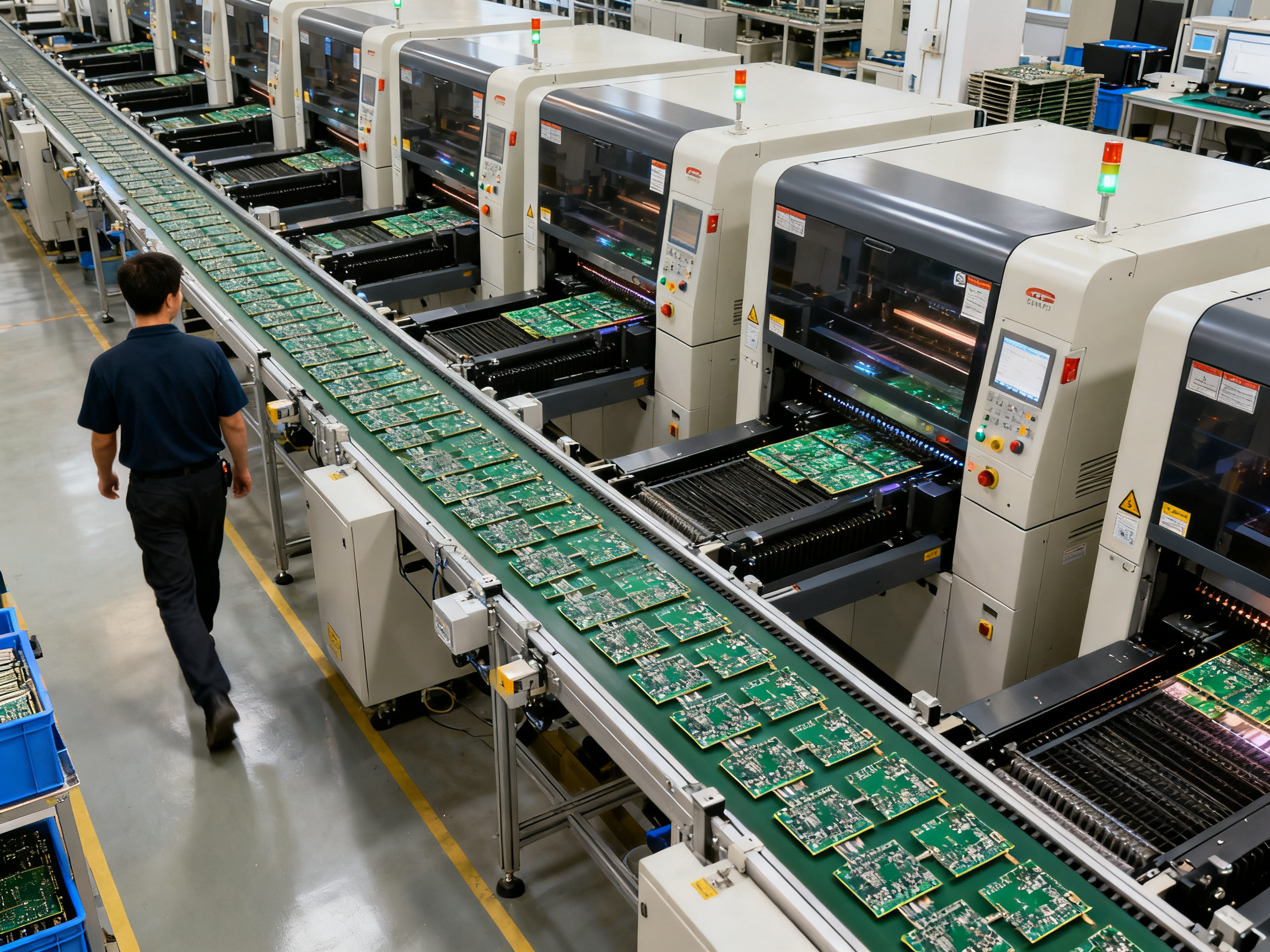SMT production line with multiple reflow ovens connected by conveyor system.
