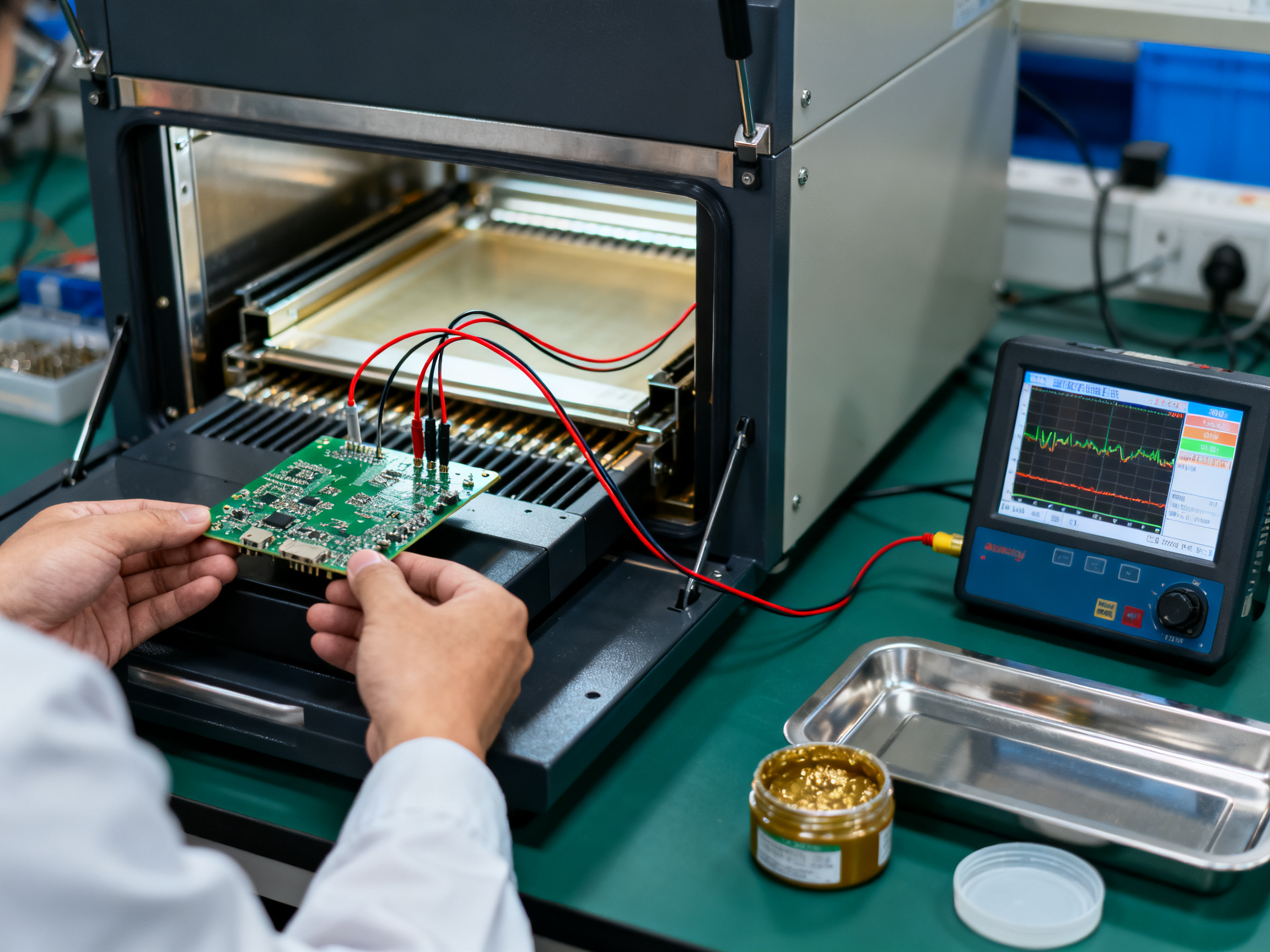 Best Reflow Ovens for Sale in 2026: Home, Conveyor, Used, and Production Models Compared - S&M Co.Ltd Close up of an engineer validating a thermal profile with thermocouple wires connected.
