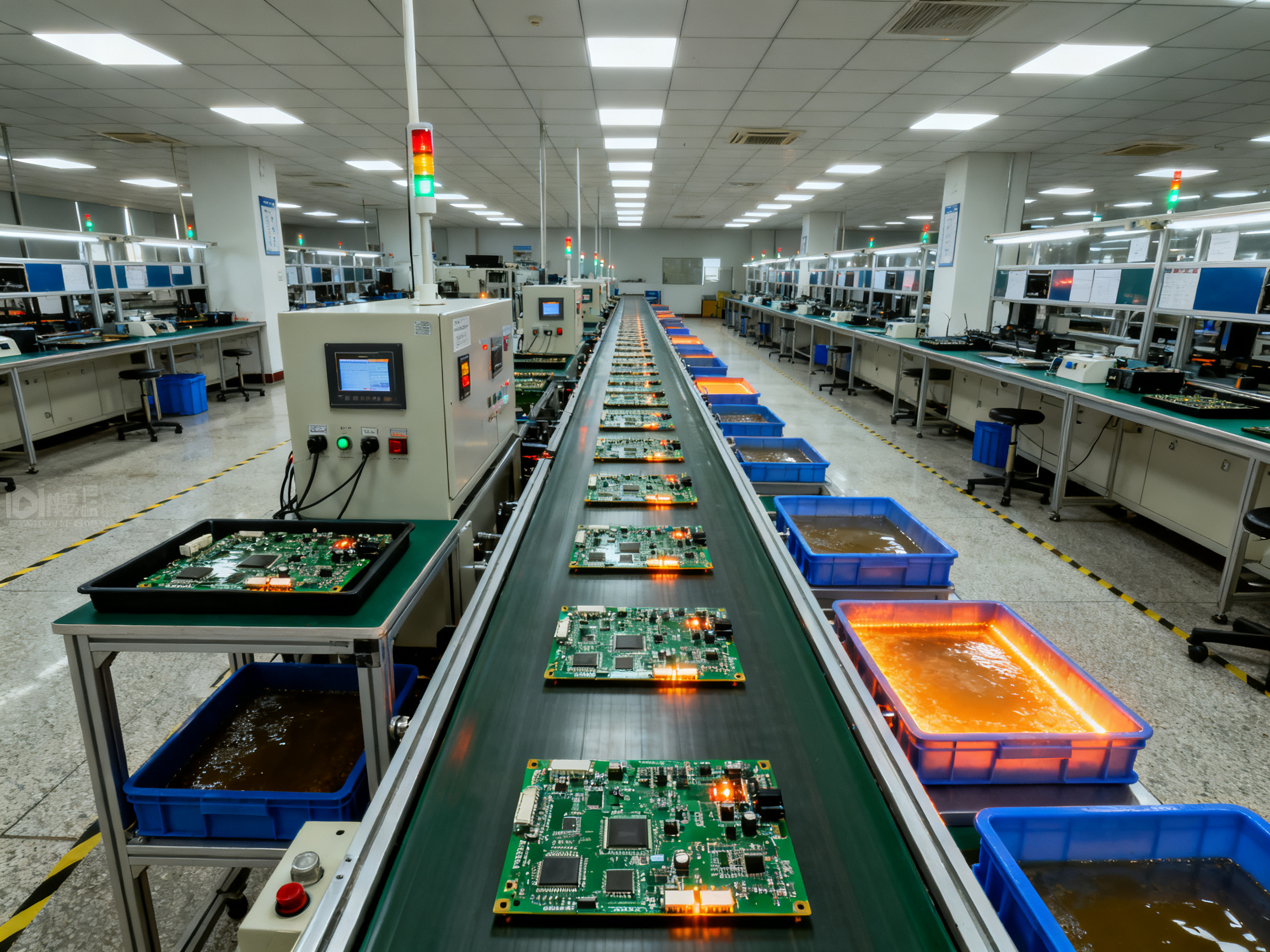 Best Reflow Ovens for Sale in 2026: Home, Conveyor, Used, and Production Models Compared2 - S&M Co.Ltd Wide shot showing multiple PCBs on a conveyor system with temperature measurement devices.