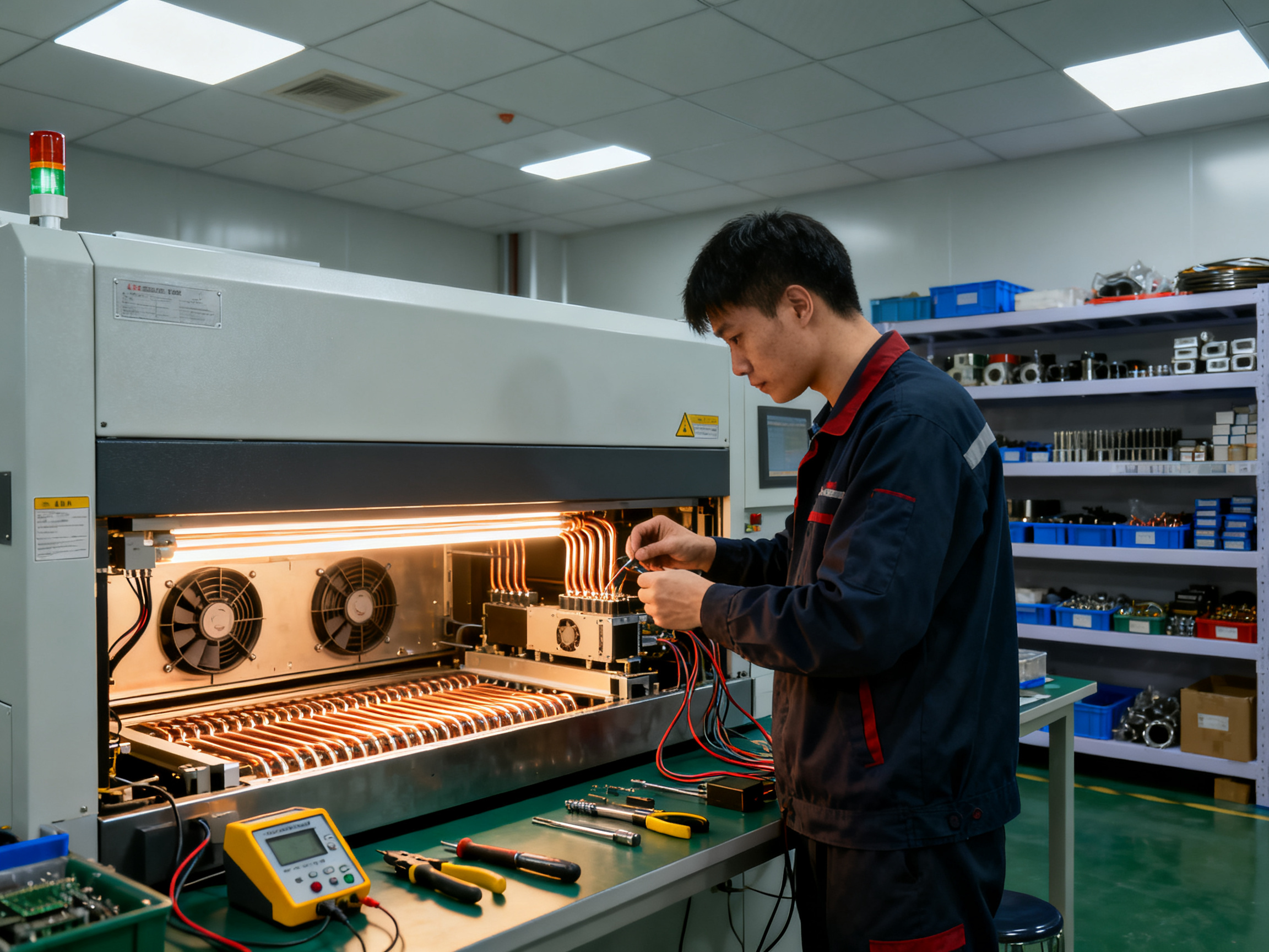Best Reflow Ovens for Sale in 2026: Home, Conveyor, Used, and Production Models Compared3 - S&M Co.Ltd Maintenance engineer inspecting a reflow oven heating chamber checking heaters and components.