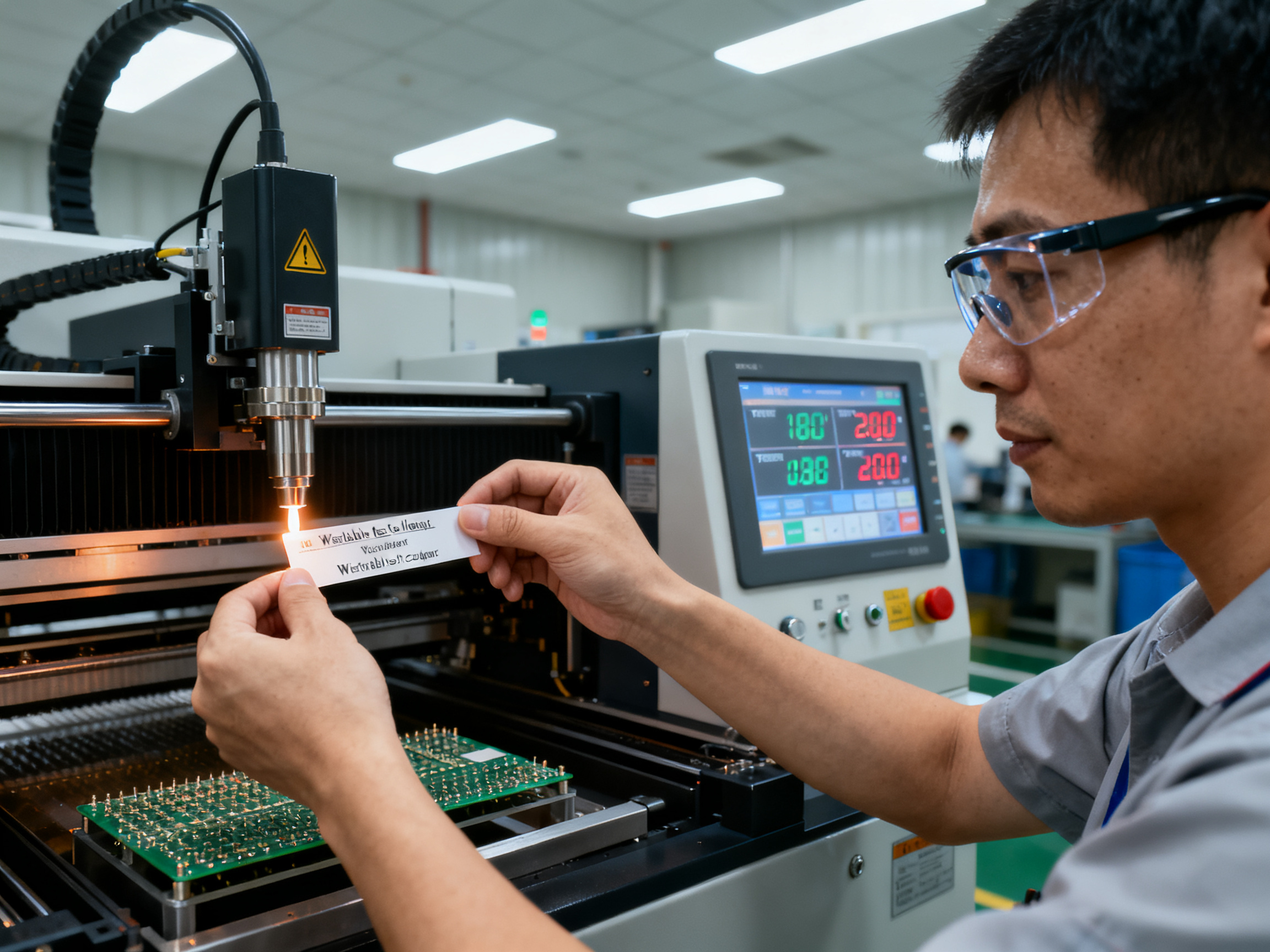 Close up documentary photograph of a technician measuring solder wave height on a selective soldering machine.