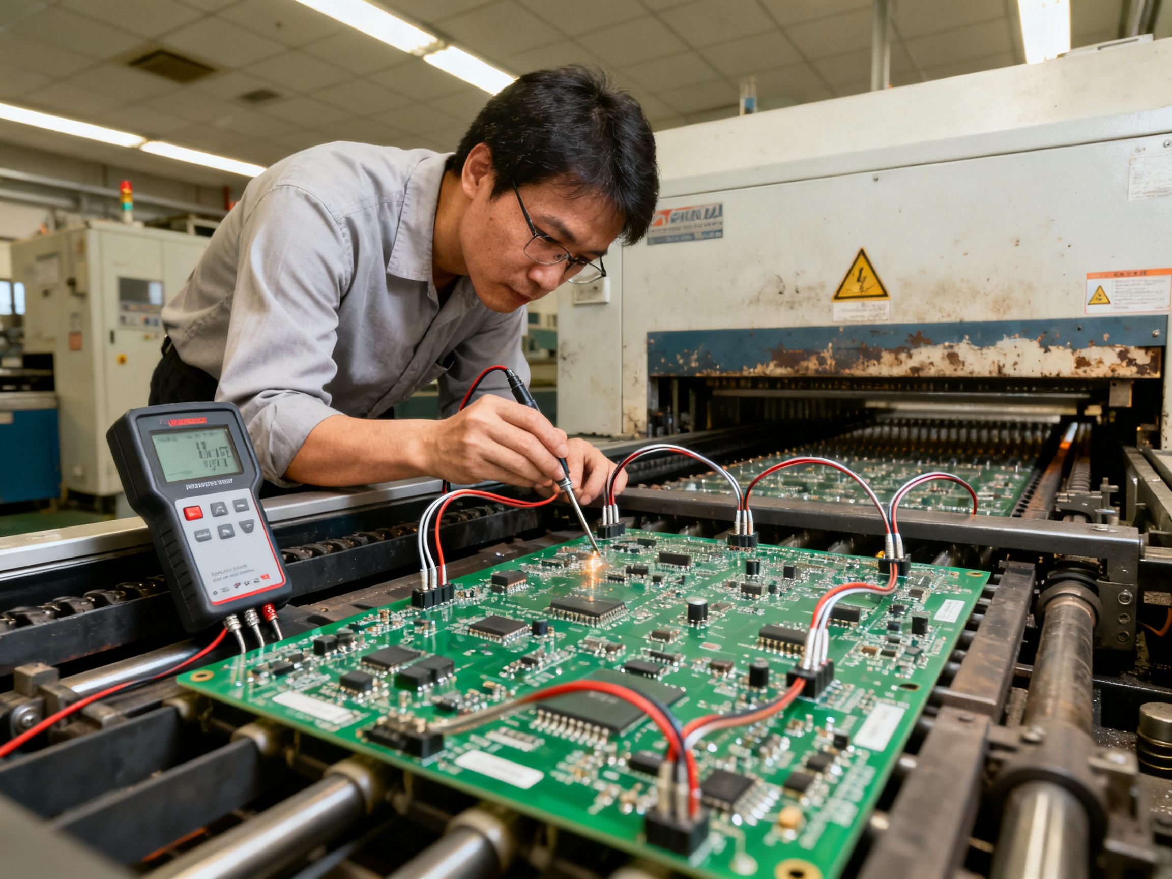 Documentary photograph of an engineer thermal profiling a pcb assembly on a selective soldering machine.