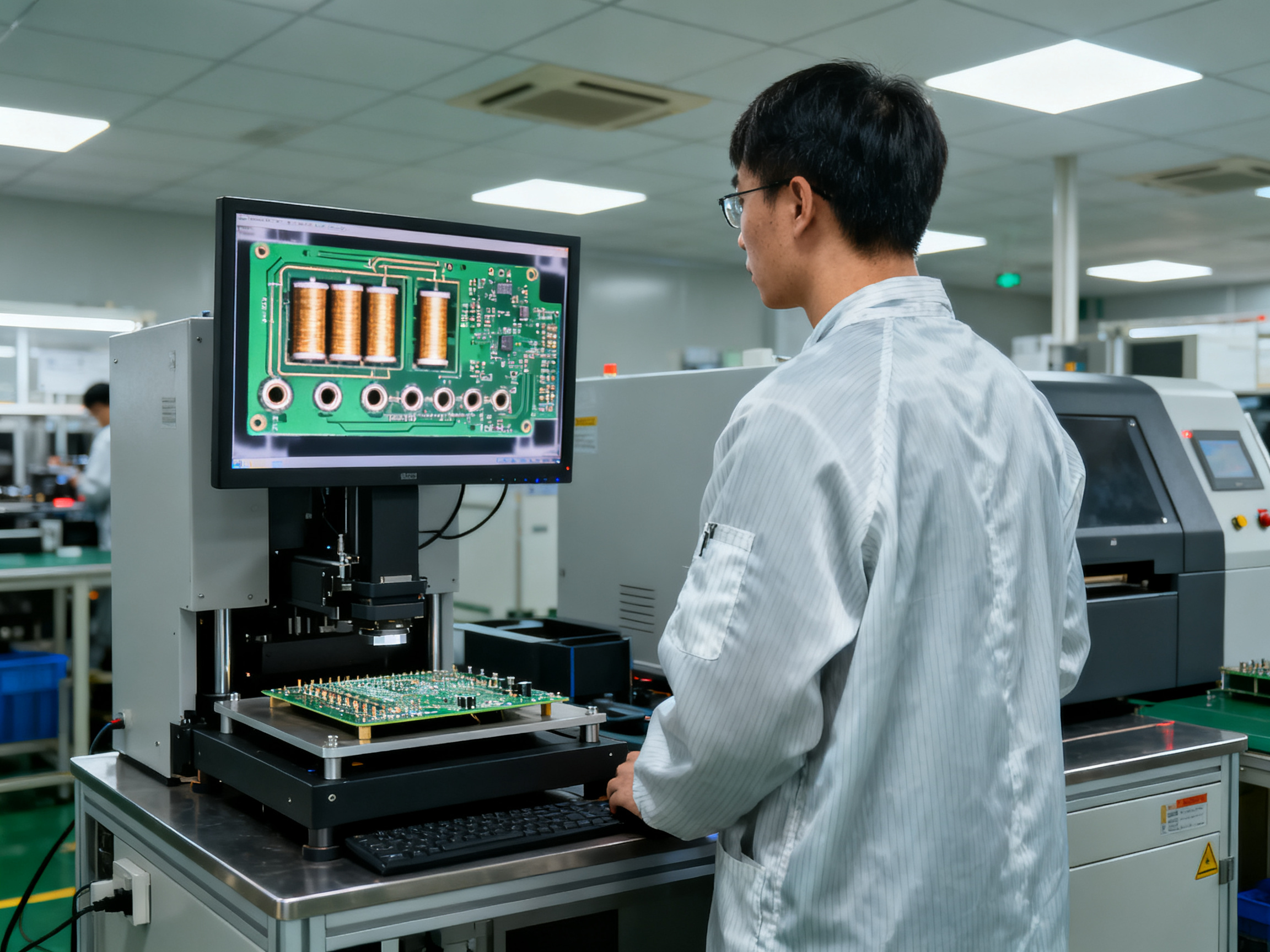 Documentary photograph of an x-ray inspection station in an electronics manufacturing facility.