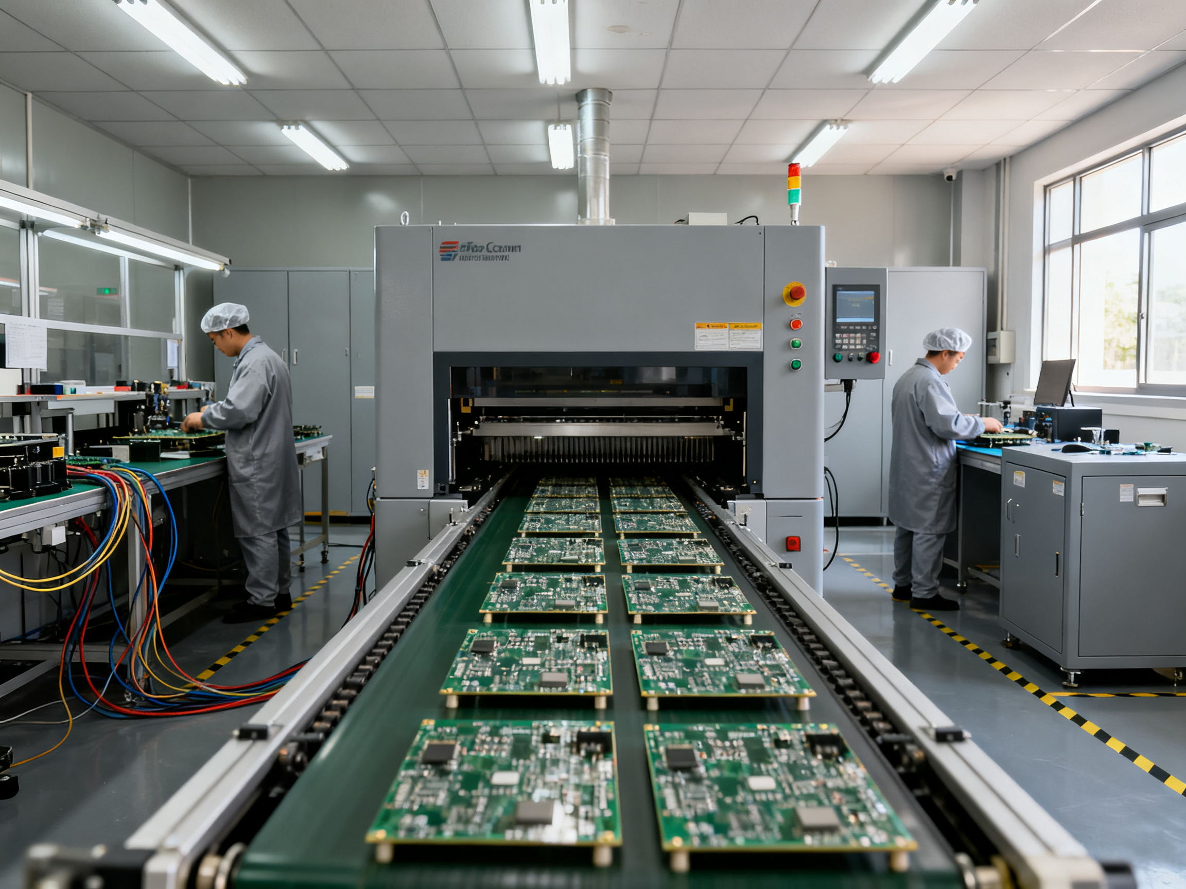 What Is an SMT Reflow Oven? How Reflow Works and How to Choose the Right Oven - S&M Co.Ltd Chest height documentary shot of an SMT production line section a mid sized production floor with reflow oven visible in the background.
