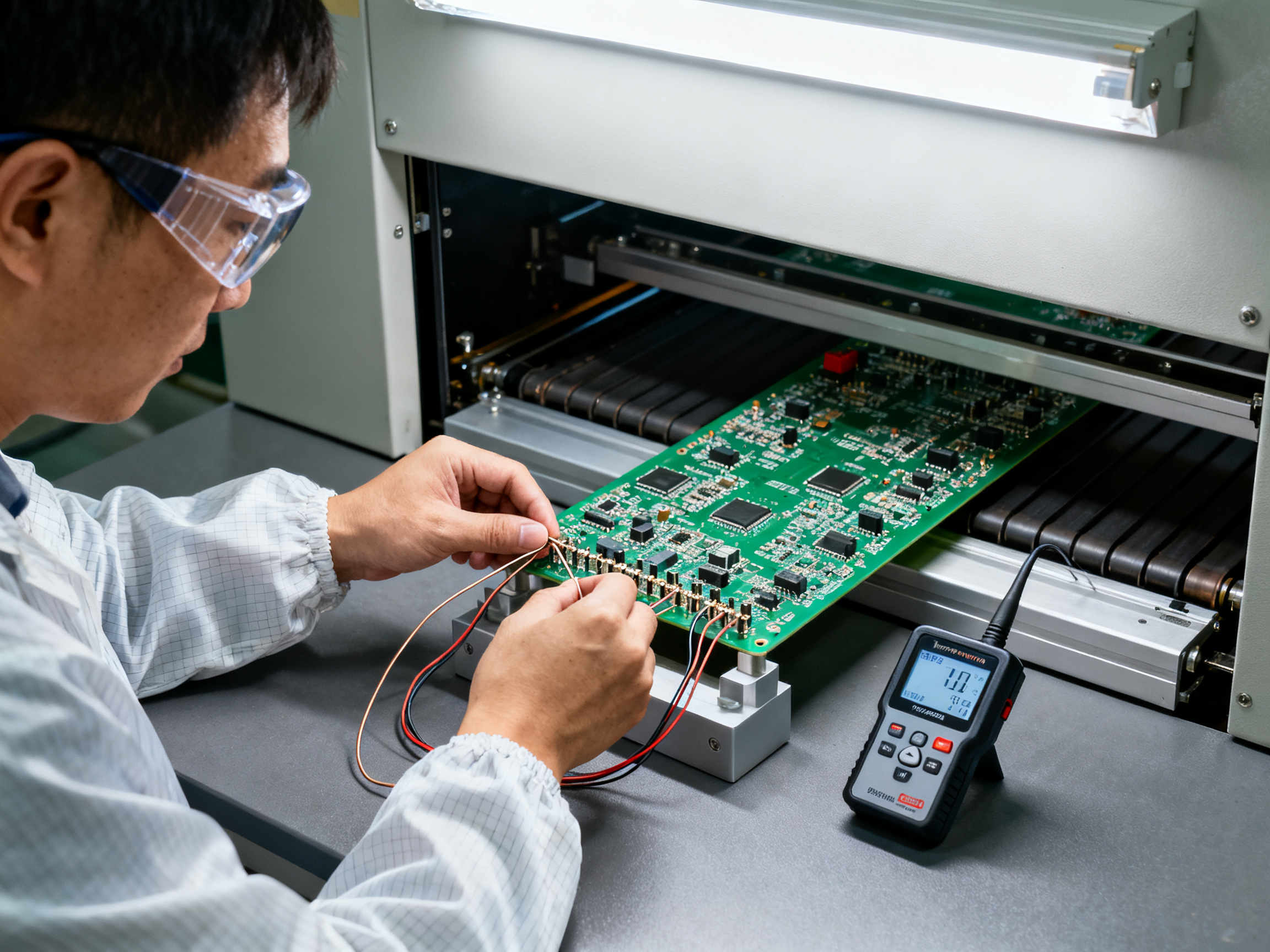 What Is an SMT Reflow Oven? How Reflow Works and How to Choose the Right Oven1 - S&M Co.Ltd Close documentary detail of an engineer in safety glasses and ESD smock attaching thermocouples to a circuit board for thermal profiling.