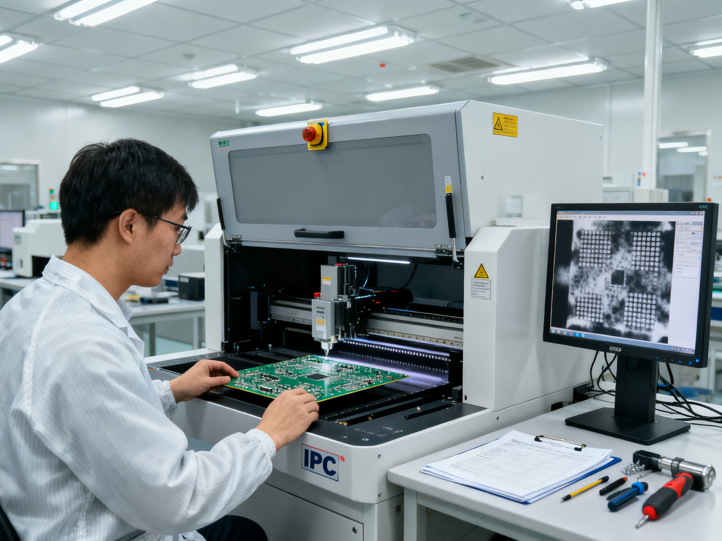 What Is an SMT Reflow Oven? How Reflow Works and How to Choose the Right Oven2 - S&M Co.Ltd Eye level documentary view of a quality engineer in an SMT lab examining a PCB under magnification for solder joint inspection.