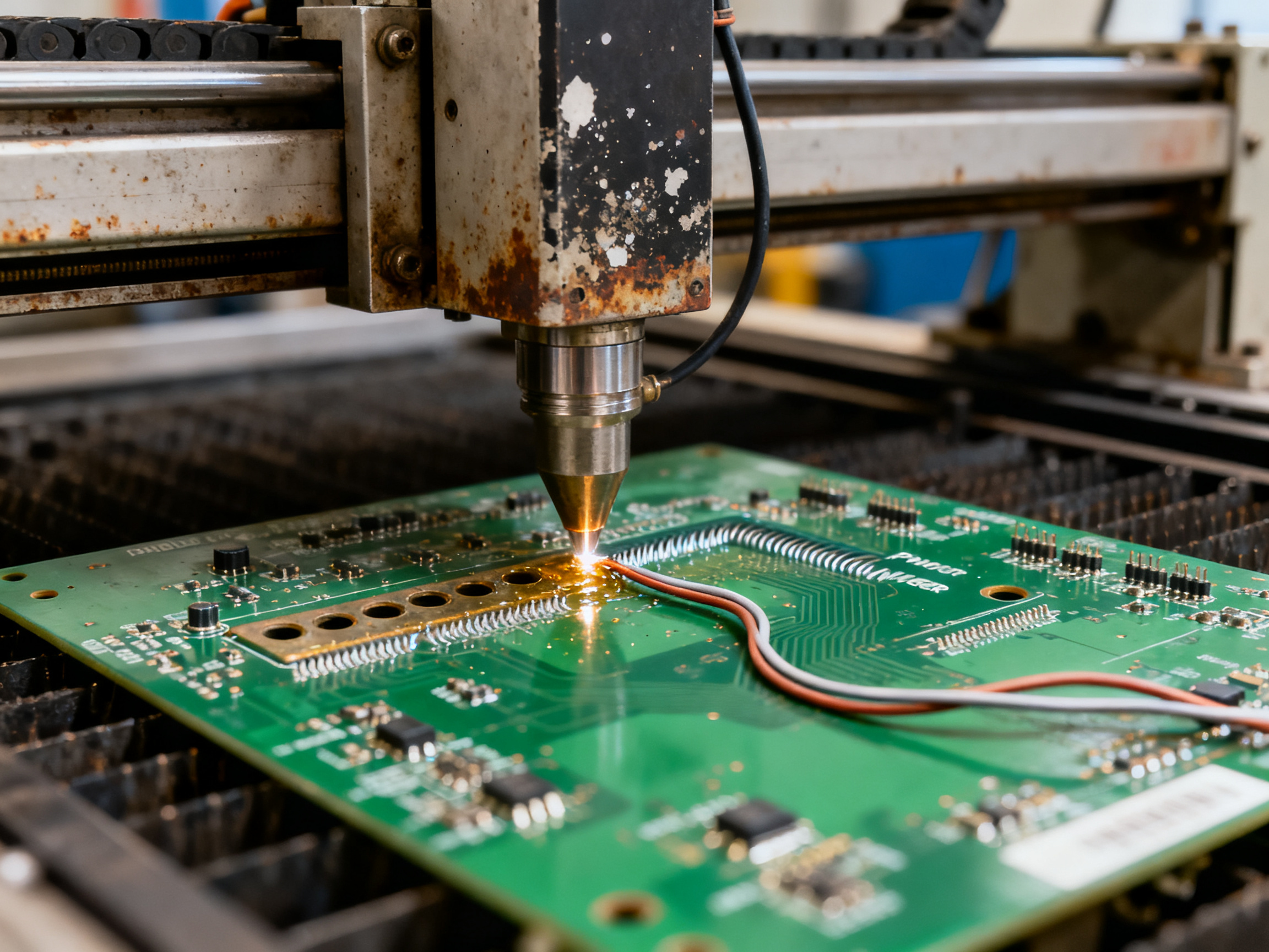 Selective Soldering Speed and Temperature: Recommended Ranges, Measurement, and Optimization1 - S&M Co.Ltd Close documentary view of a selective soldering nozzle contacting a PCB pad during operation.