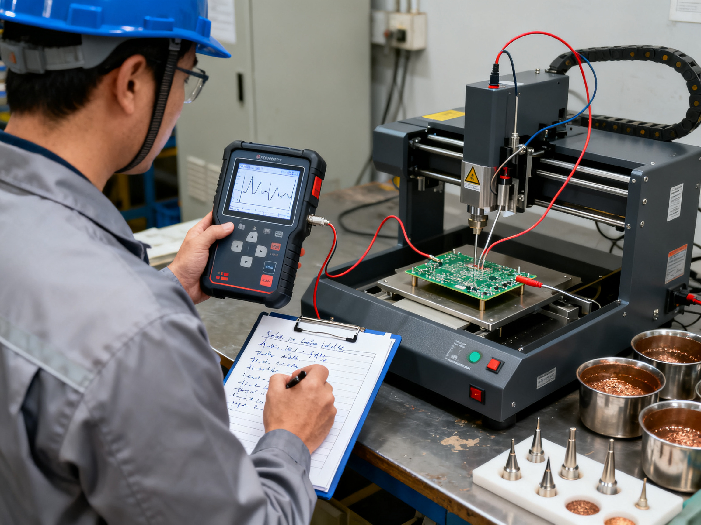Selective Soldering Speed and Temperature: Recommended Ranges, Measurement, and Optimization2 - S&M Co.Ltd Engineering validation scene showing thermal profiling on a selective soldering machine with data capture.