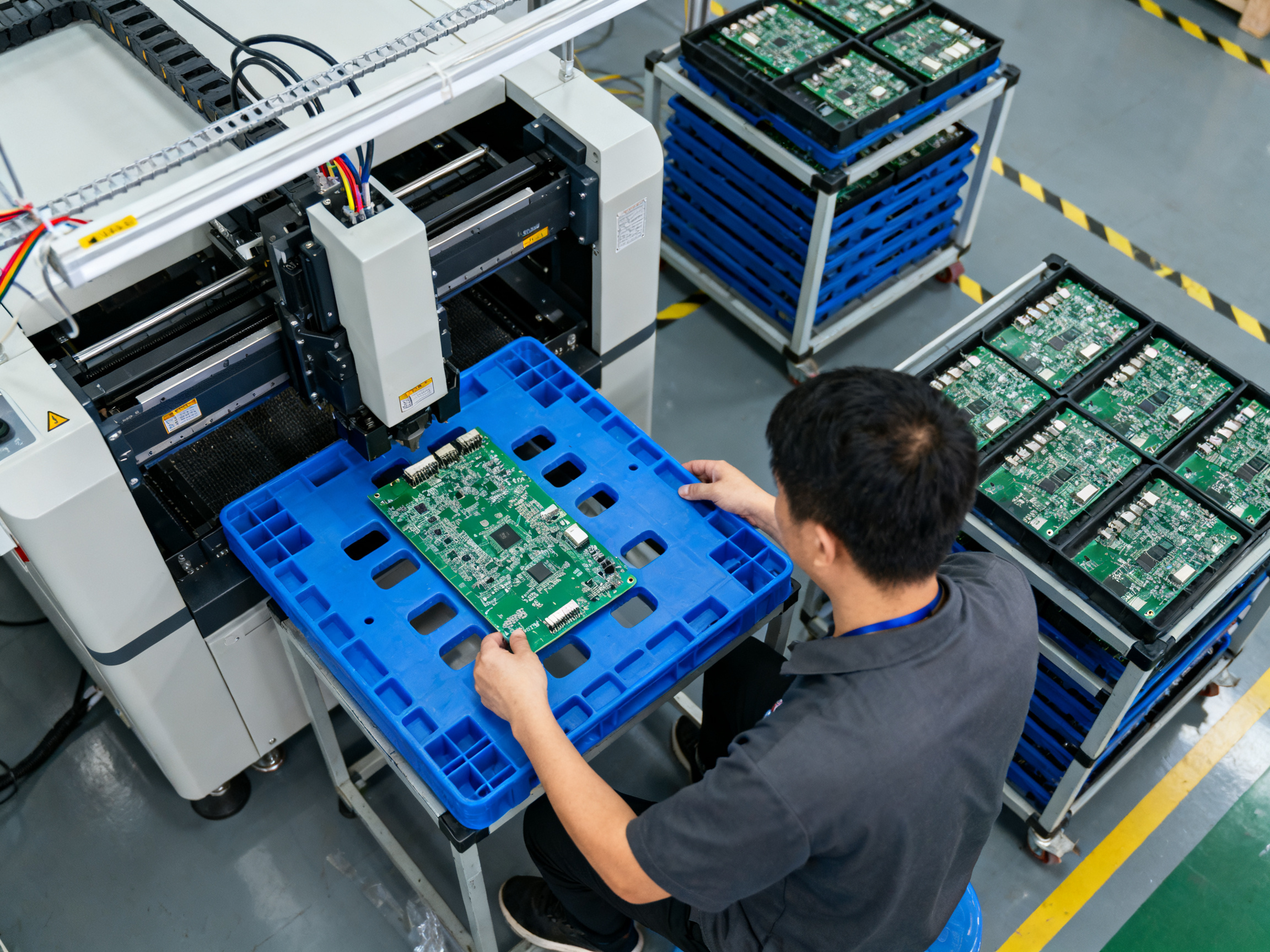 Selective Soldering Speed and Temperature: Recommended Ranges, Measurement, and Optimization3 - S&M Co.Ltd Overhead documentary view of an operator loading a PCB assembly into a selective soldering machine for production.