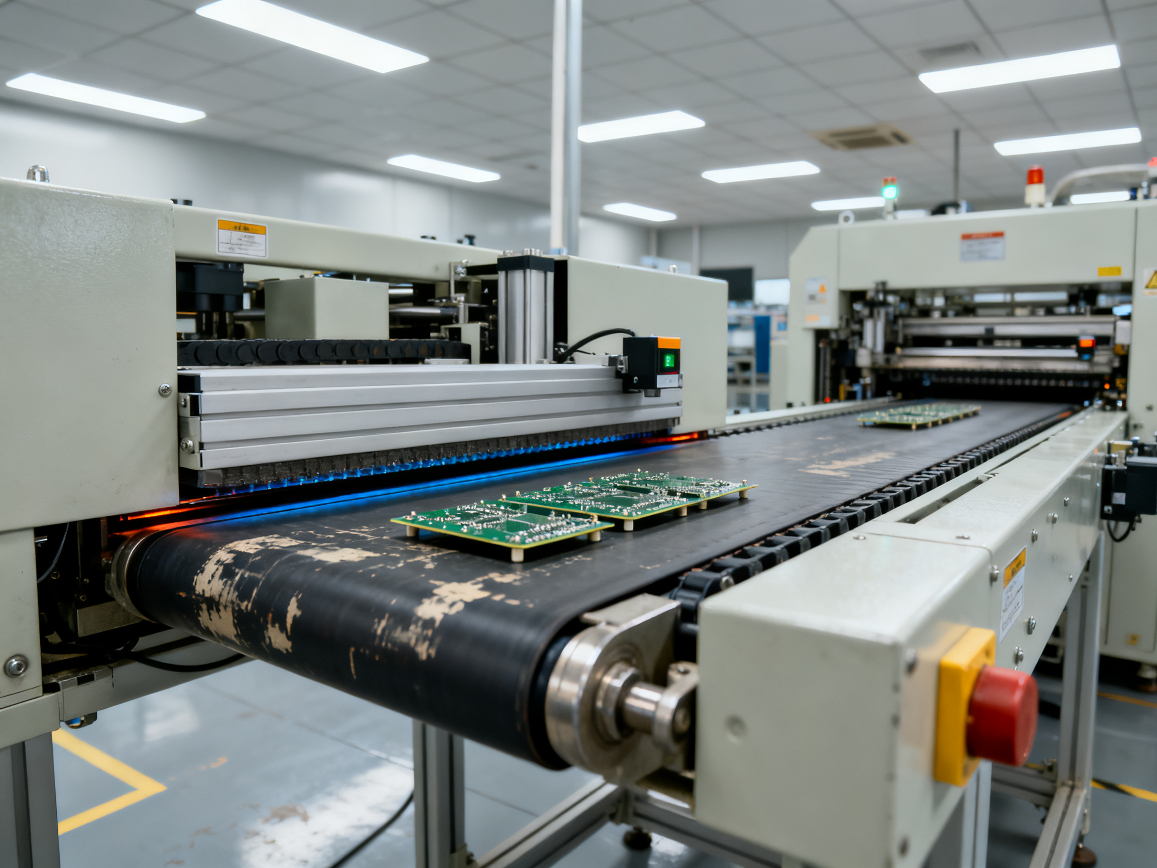How to Use a PCB Buffer Machine in an SMT Production Line: 2026 Guide2 - S&M Co.Ltd Detail of PCB transfer zone between buffer machine and downstream equipment showing critical alignment points.