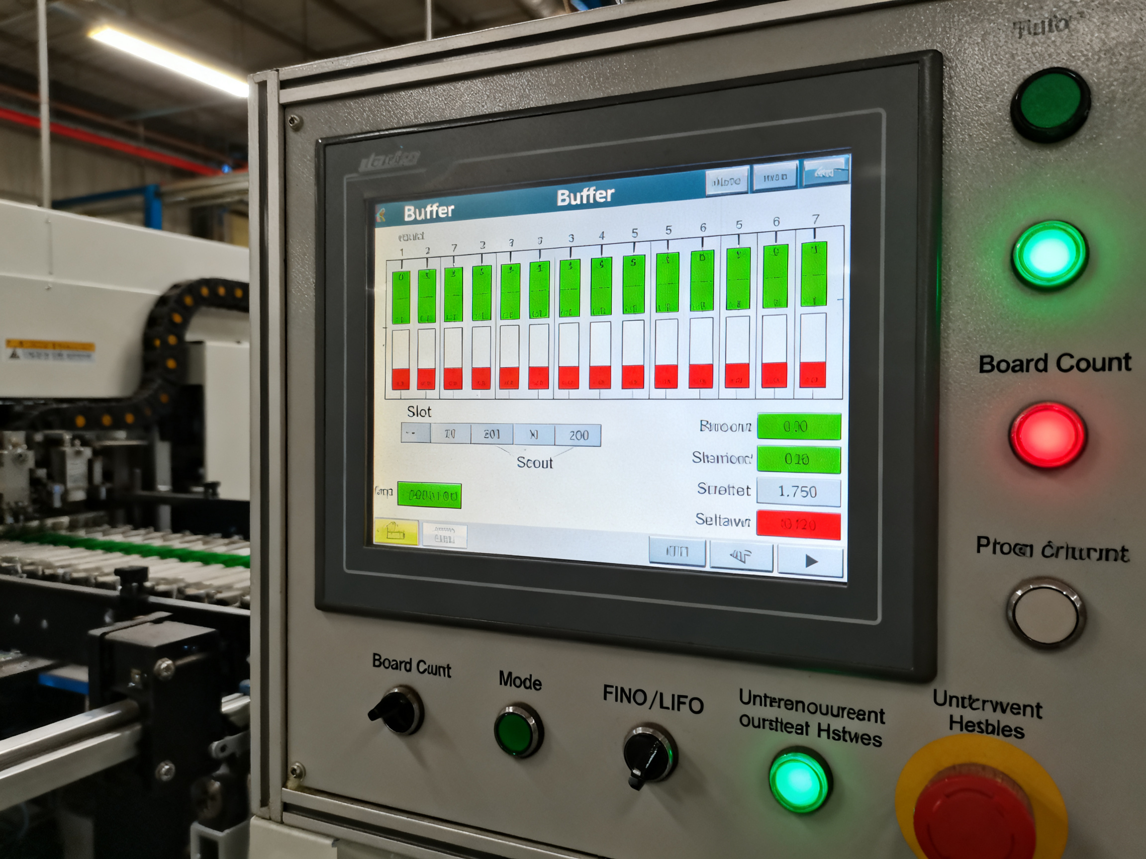 How to Use a PCB Buffer Machine in an SMT Production Line: 2026 Guide1 - S&M Co.Ltd Close-up of buffer machine HMI operator screen showing slot map display with green and red indicators.
