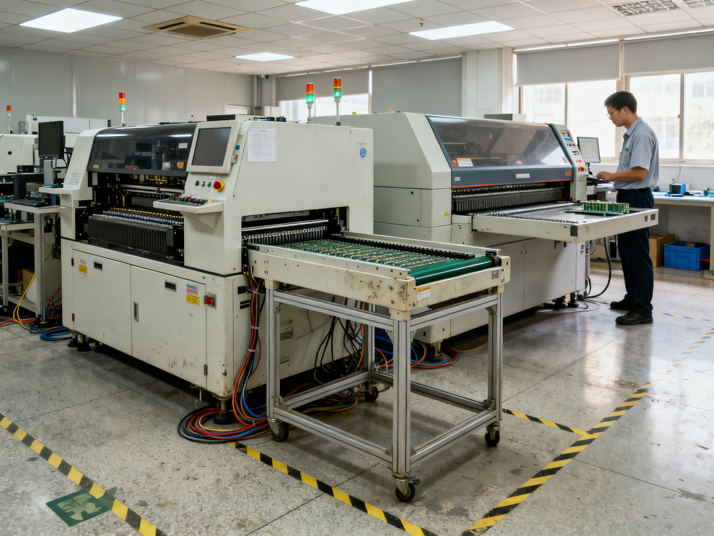 How to Use a PCB Buffer Machine in an SMT Production Line: 2026 Guide - S&M Co.Ltd Documentary photograph of an SMT production line section with a buffer machine.