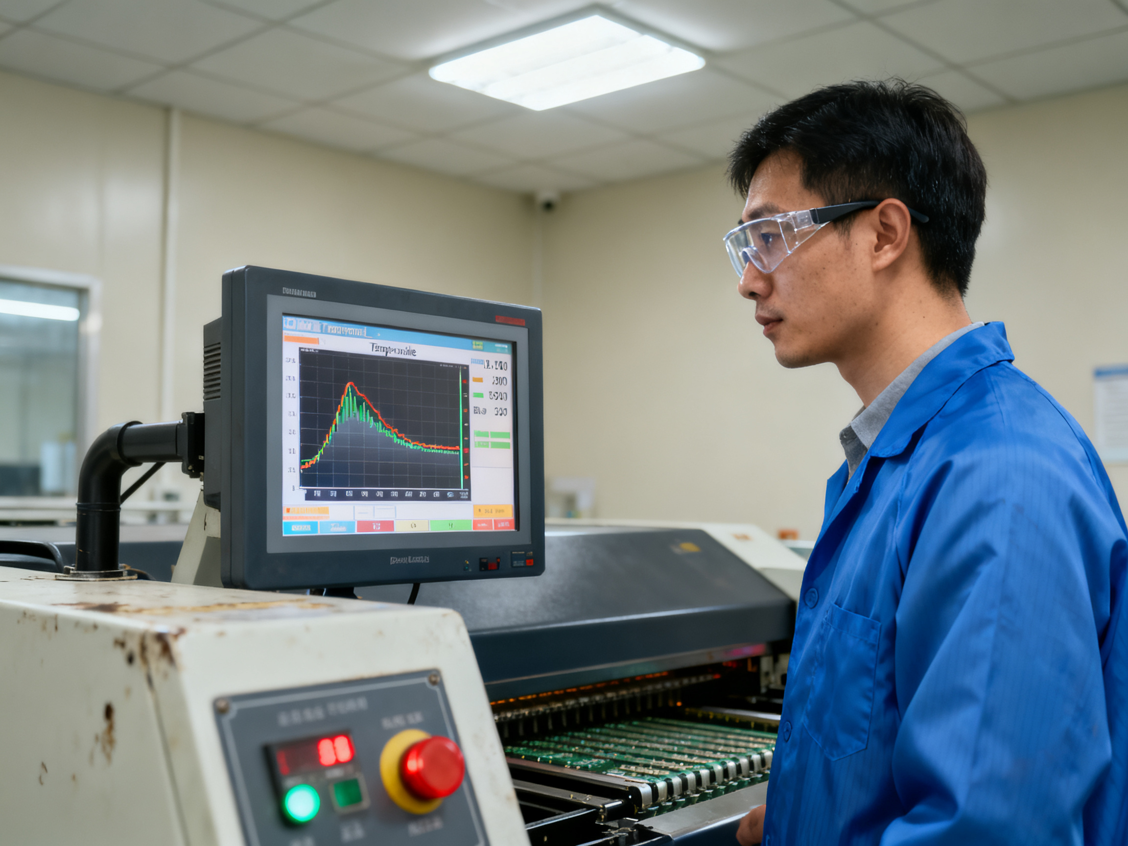 Reflow Oven Conveyor Speed Guide: Zone Timing, Exit Cooling, and Oven Sizing3 - S&M Co.Ltd A documentary photograph of a process engineer at a reflow oven hmi terminal revie.