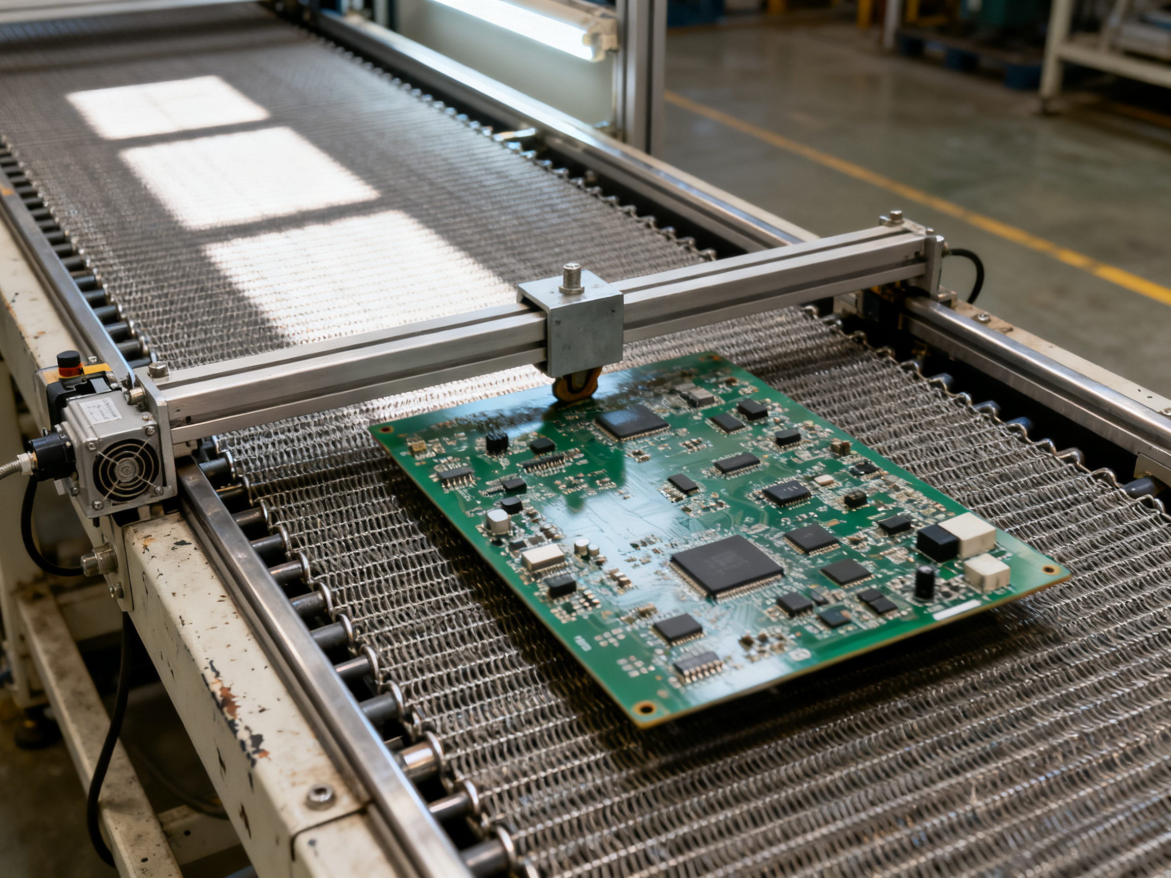 Reflow Oven Conveyor Speed Guide: Zone Timing, Exit Cooling, and Oven Sizing1 - S&M Co.Ltd A close up documentary photograph of a conveyor reflow oven conveyor system stainl.
