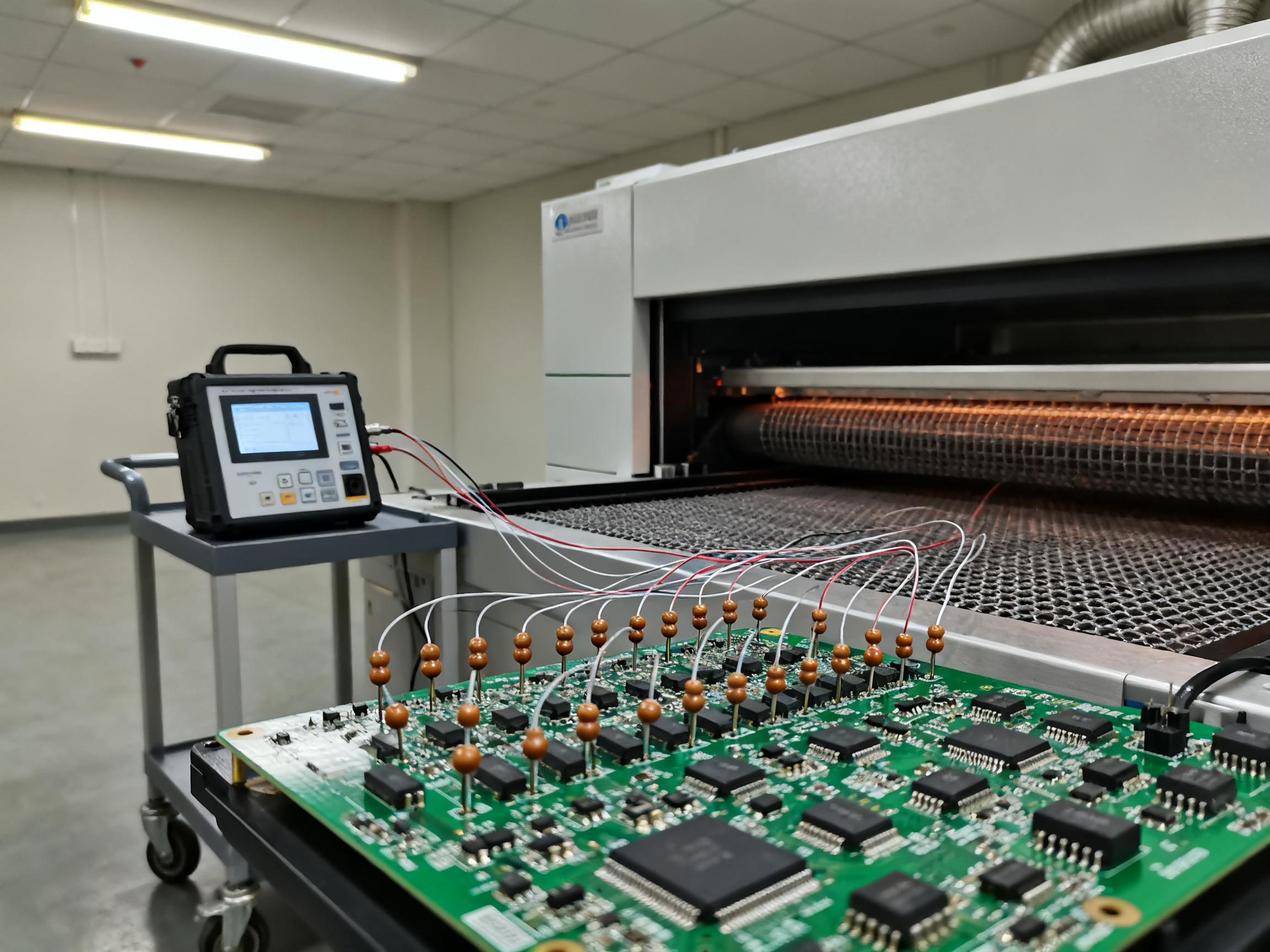 Reflow Oven Conveyor Speed Guide: Zone Timing, Exit Cooling, and Oven Sizing2 - S&M Co.Ltd A close documentary photograph of thermocouple profiling setup in an smt reflow ov.