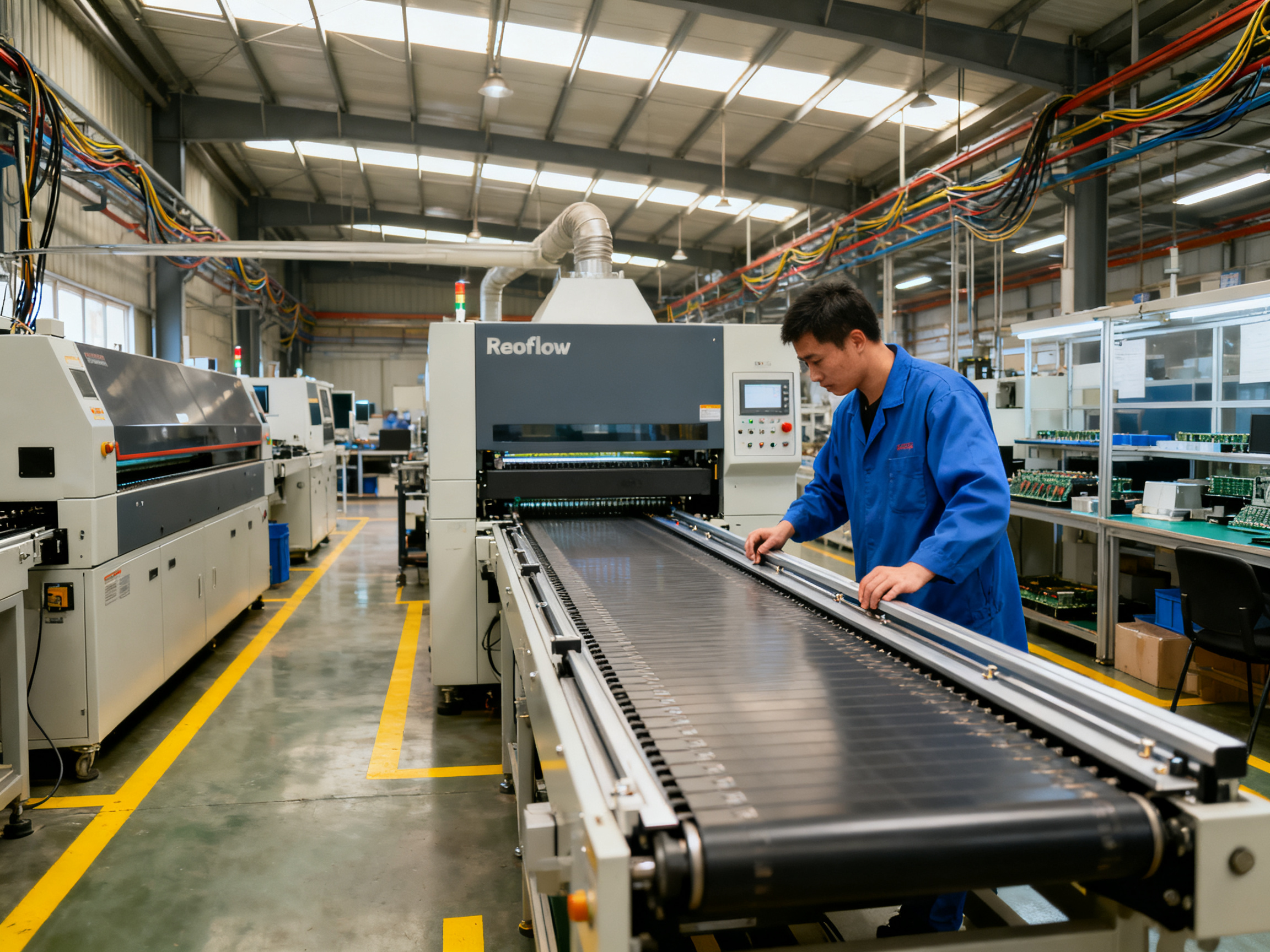 Reflow Oven Conveyor Speed Guide: Zone Timing, Exit Cooling, and Oven Sizing - S&M Co.Ltd A wide angle documentary photograph of an electronics smt assembly line a reflow o.