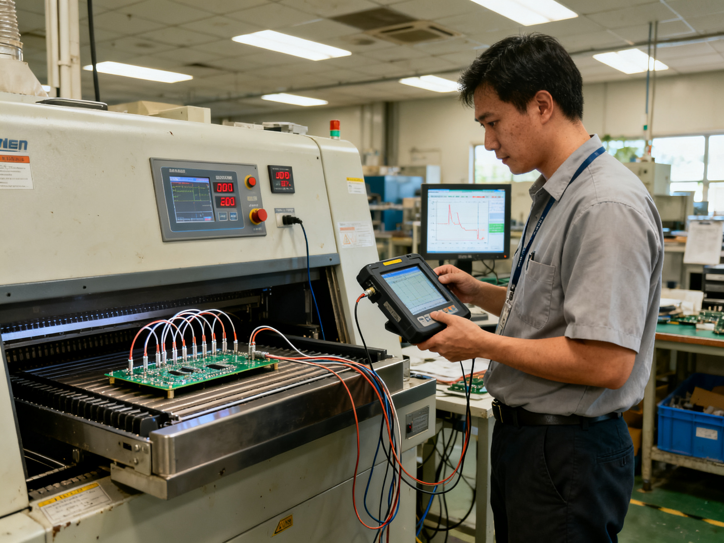 Factory engineer standing at a reflow oven reviewing thermal profiler data on a touchscreen display panel.