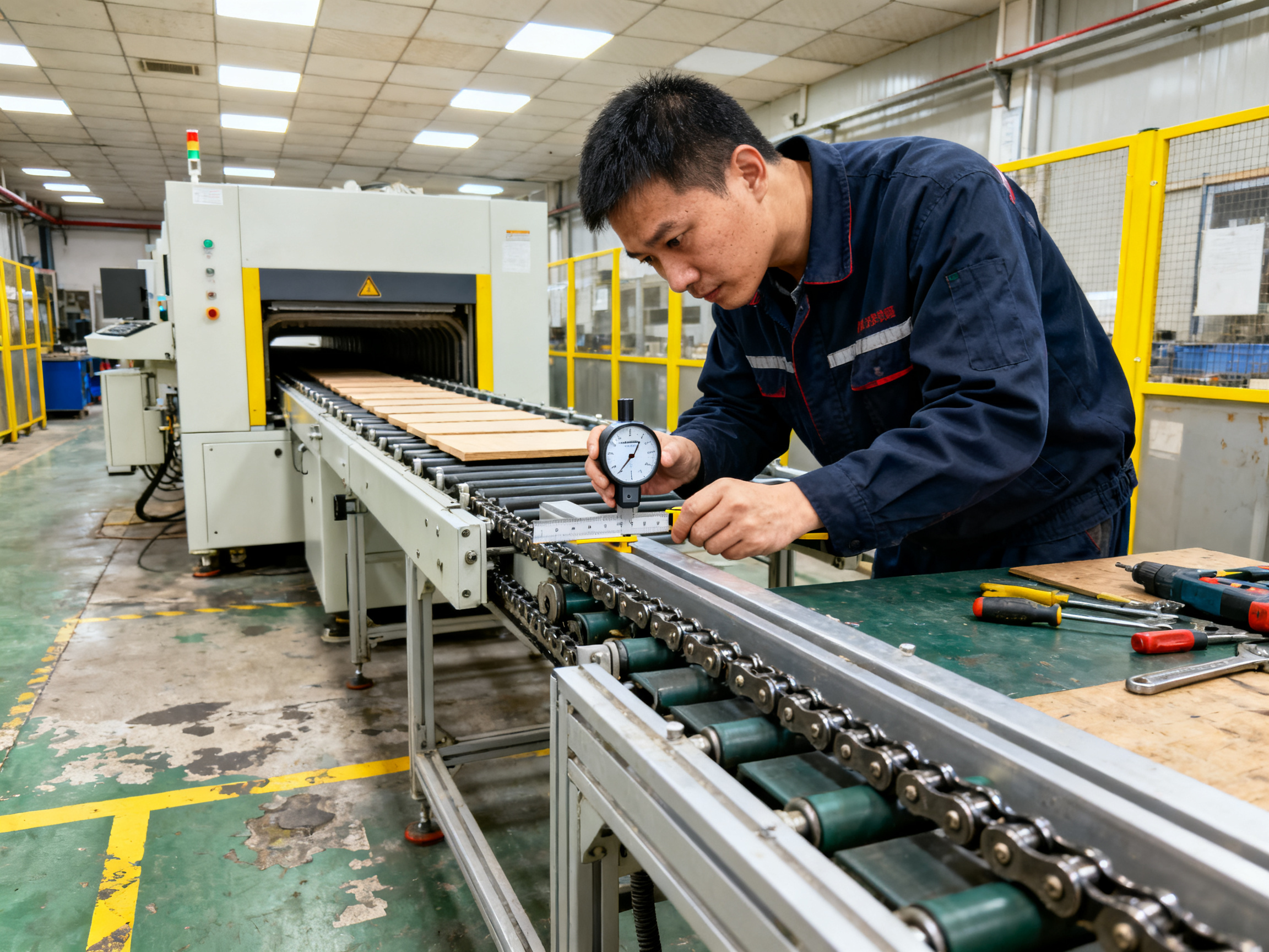 Factory maintenance technician checking reflow oven conveyor rails and chain alignment with precision tools.