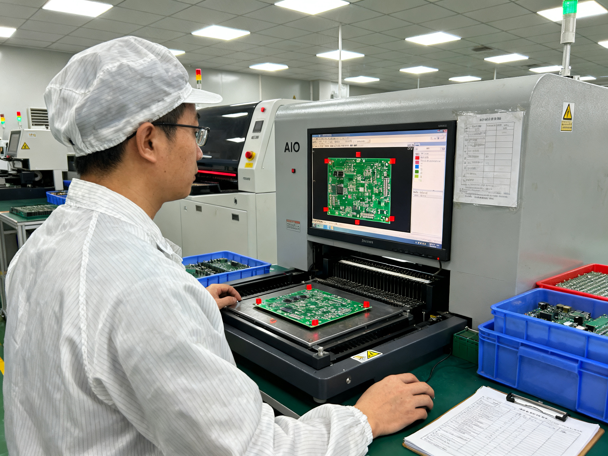 Factory operator reviewing AOI inspection results on an automated optical inspection system workstation with detailed defect analysis on screen.