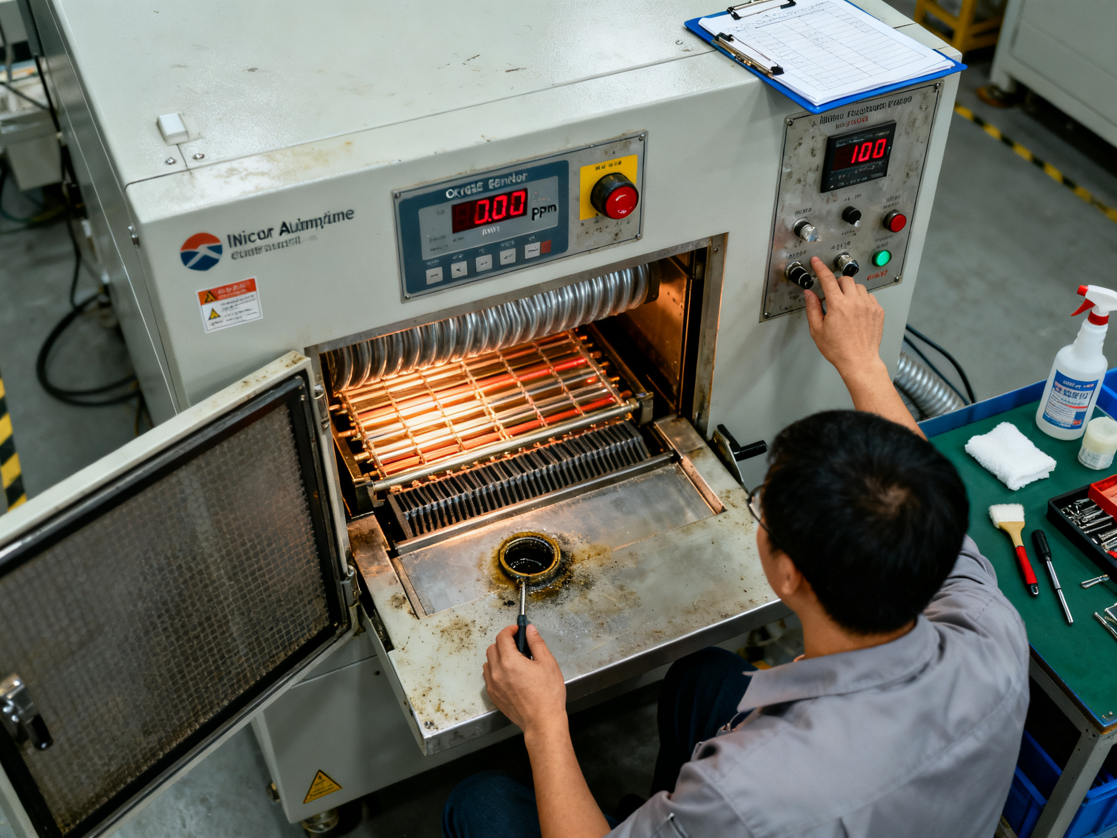 Factory technician checking nitrogen atmosphere control panel on a reflow oven operation interface showing flow parameters and oxygen levels.