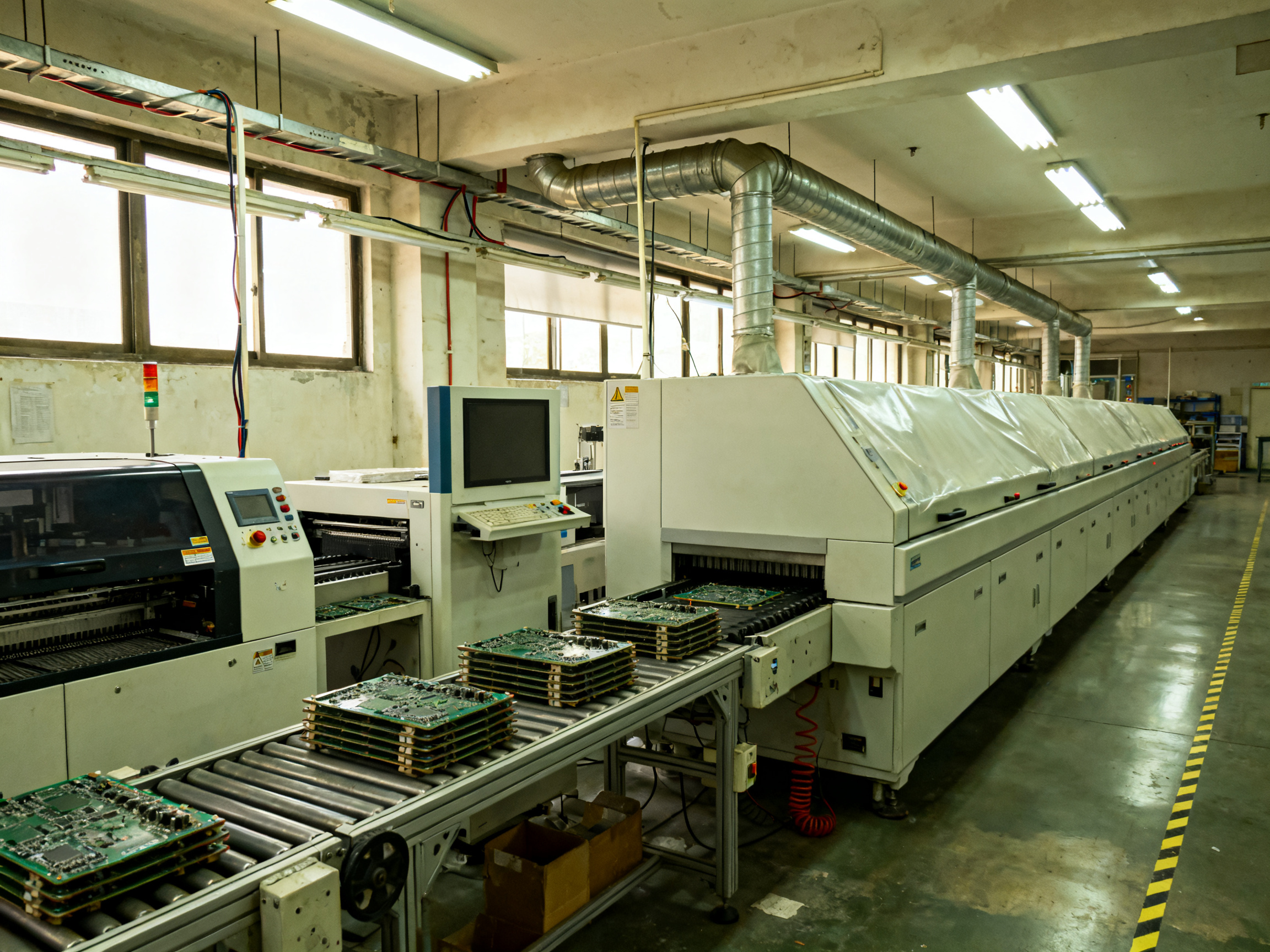 Best SMT Reflow Ovens in 2026: 10 Benchtop, Desktop, and Production Options Compared - S&M Co.Ltd Documentary photograph of a mid-size electronics assembly line in an ordinary factory setting.