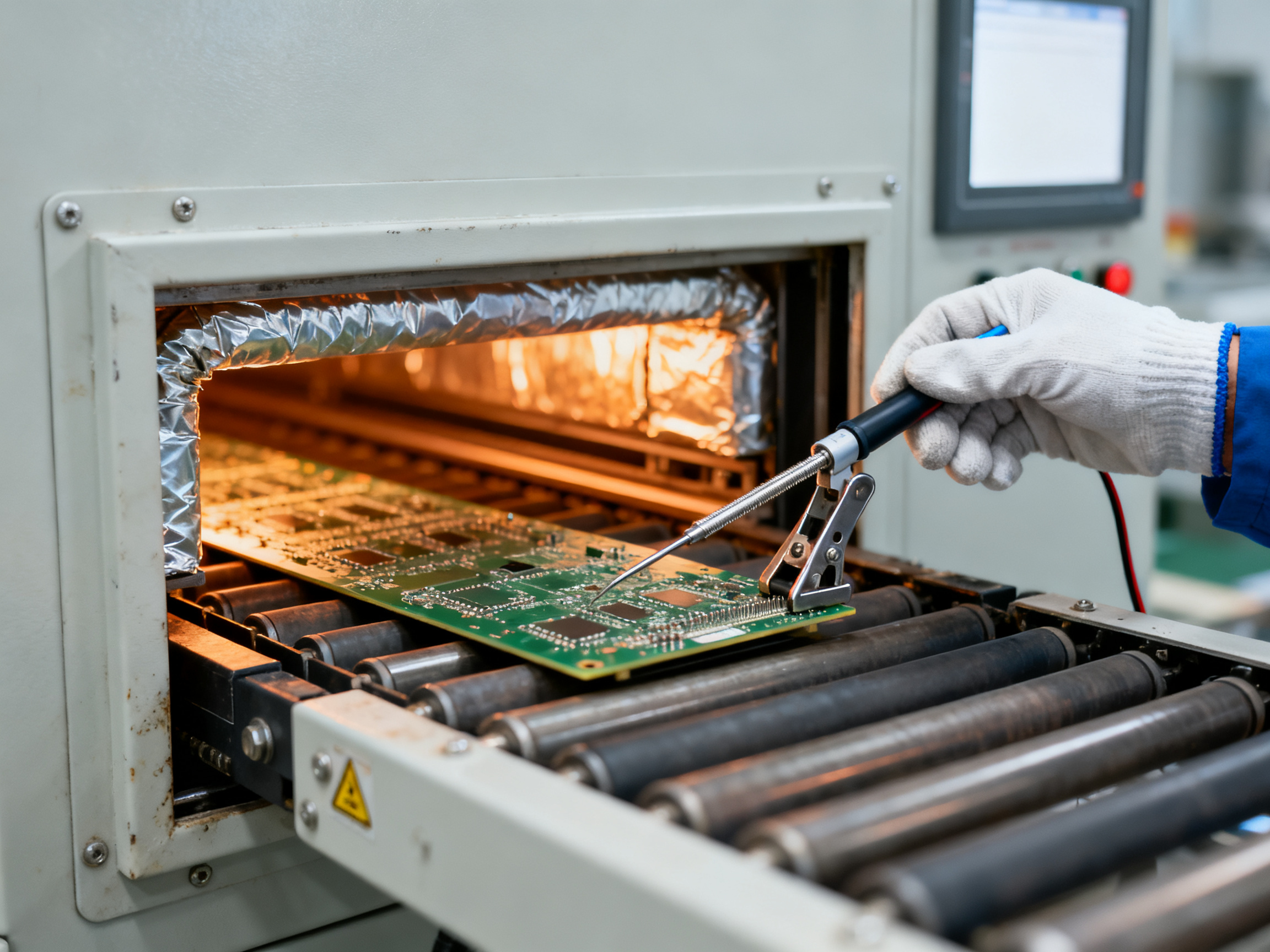 Best SMT Reflow Ovens in 2026: 10 Benchtop, Desktop, and Production Options Compared1 - S&M Co.Ltd Close-up documentary photograph of a reflow oven inspection port and conveyor entry.