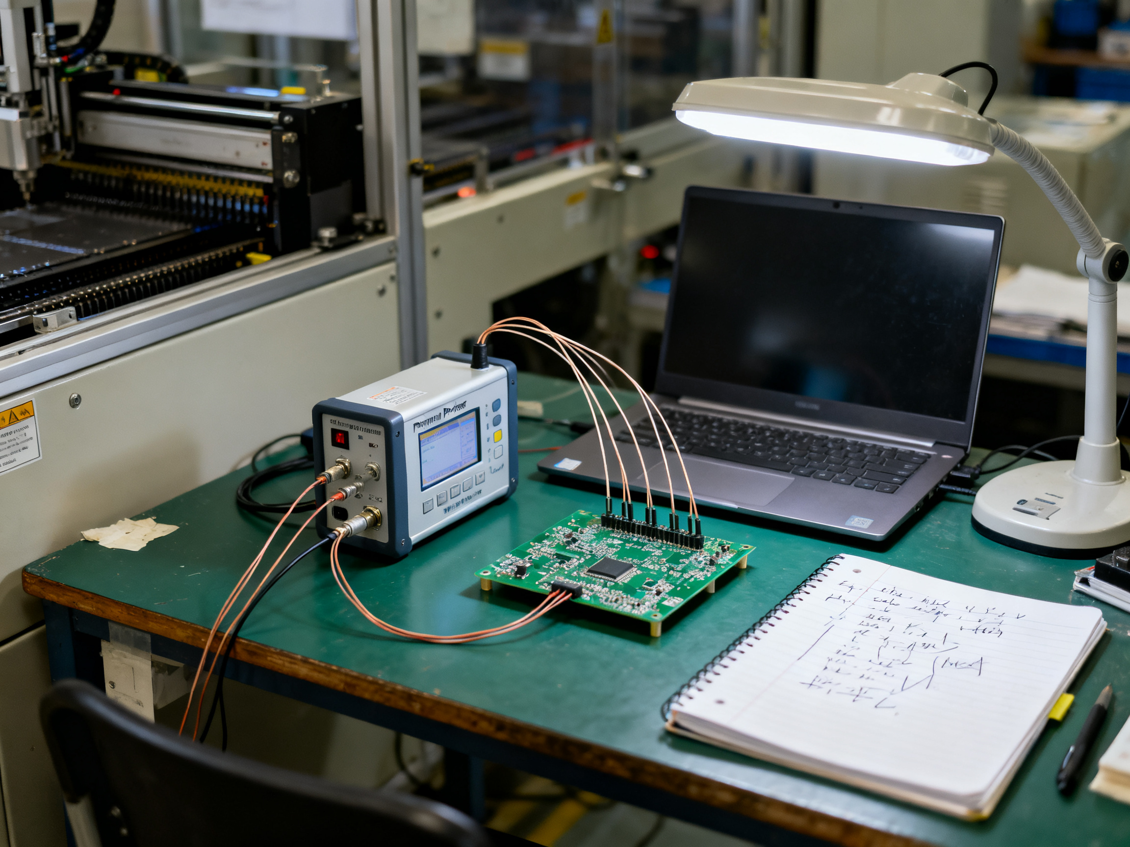 Best SMT Reflow Ovens in 2026: 10 Benchtop, Desktop, and Production Options Compared3 - S&M Co.Ltd Documentary photograph of a profiling workstation beside an SMT line with a portable profiler.