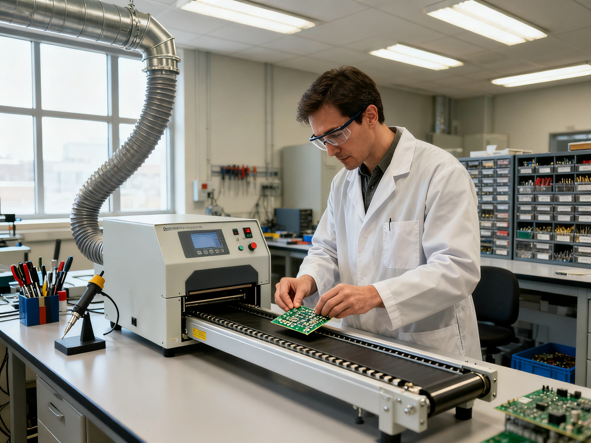 Best SMT Reflow Ovens in 2026: 10 Benchtop, Desktop, and Production Options Compared2 - S&M Co.Ltd Documentary photograph of a small benchtop conveyor reflow oven on an electronic workbench.