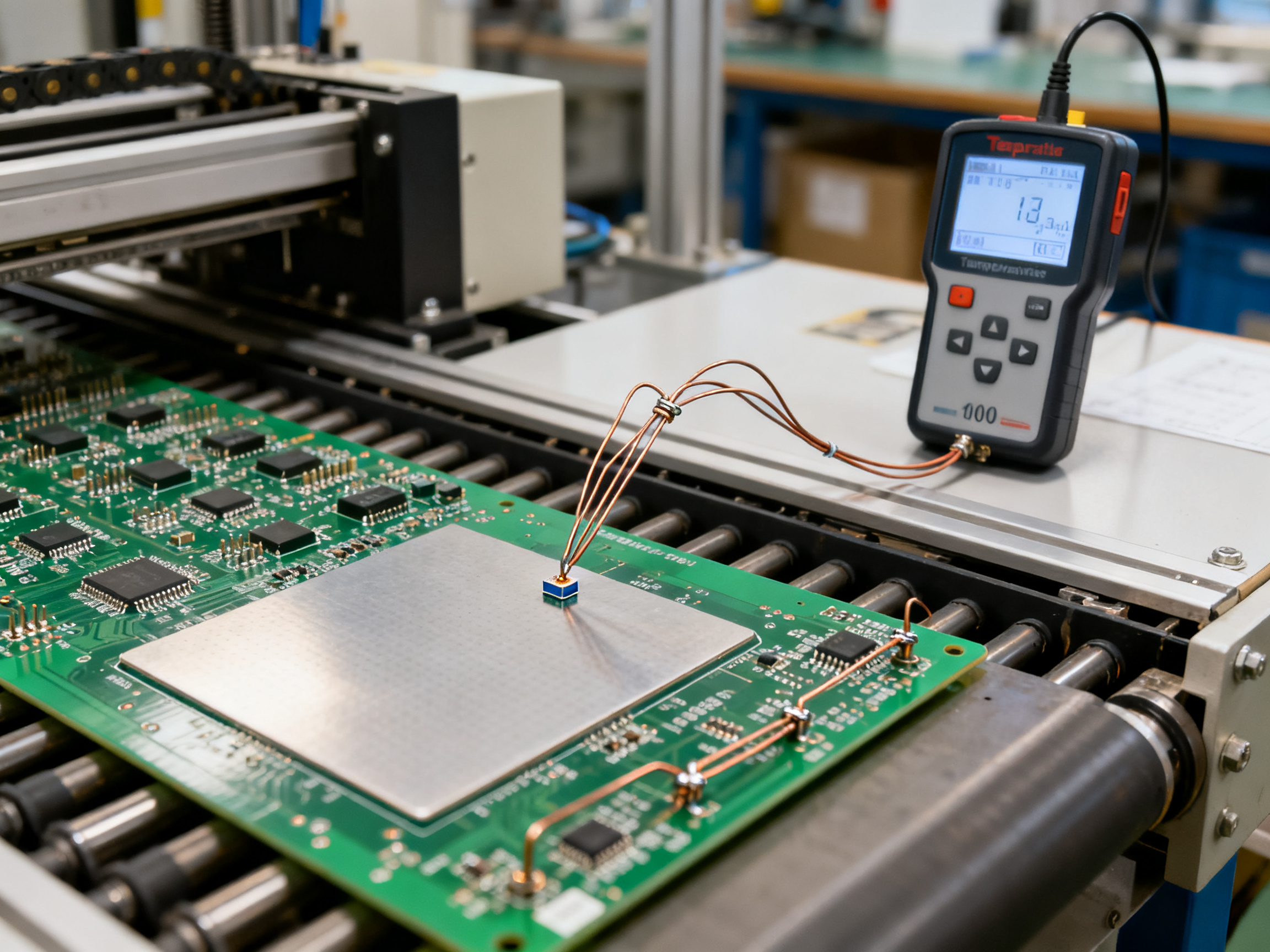 Close up documentary photo of a populated pcb on a reflow conveyor rail with fine pitch components.