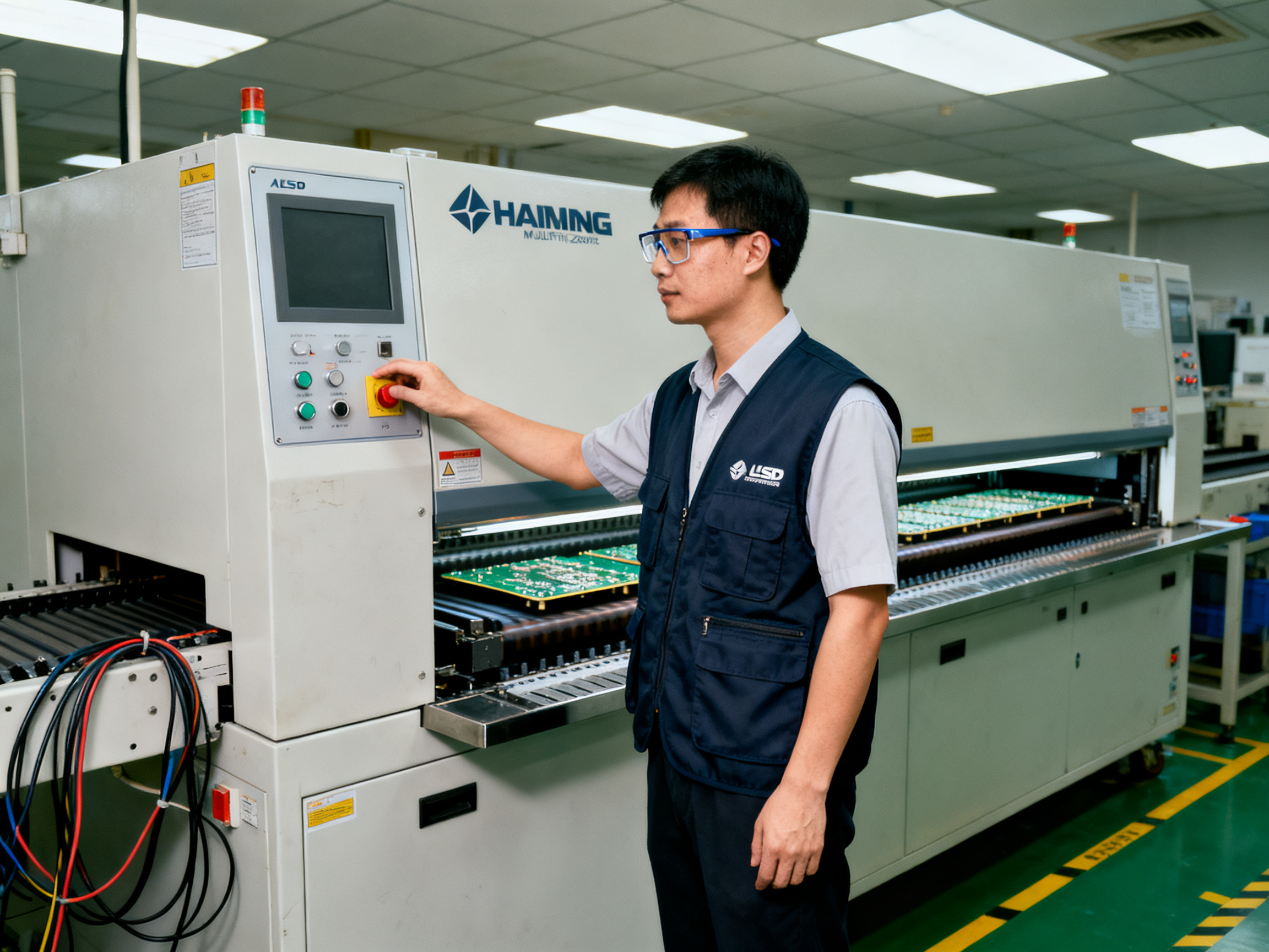 Documentary photo of a process engineer in an esd vest and safety glasses standing over a reflow oven.