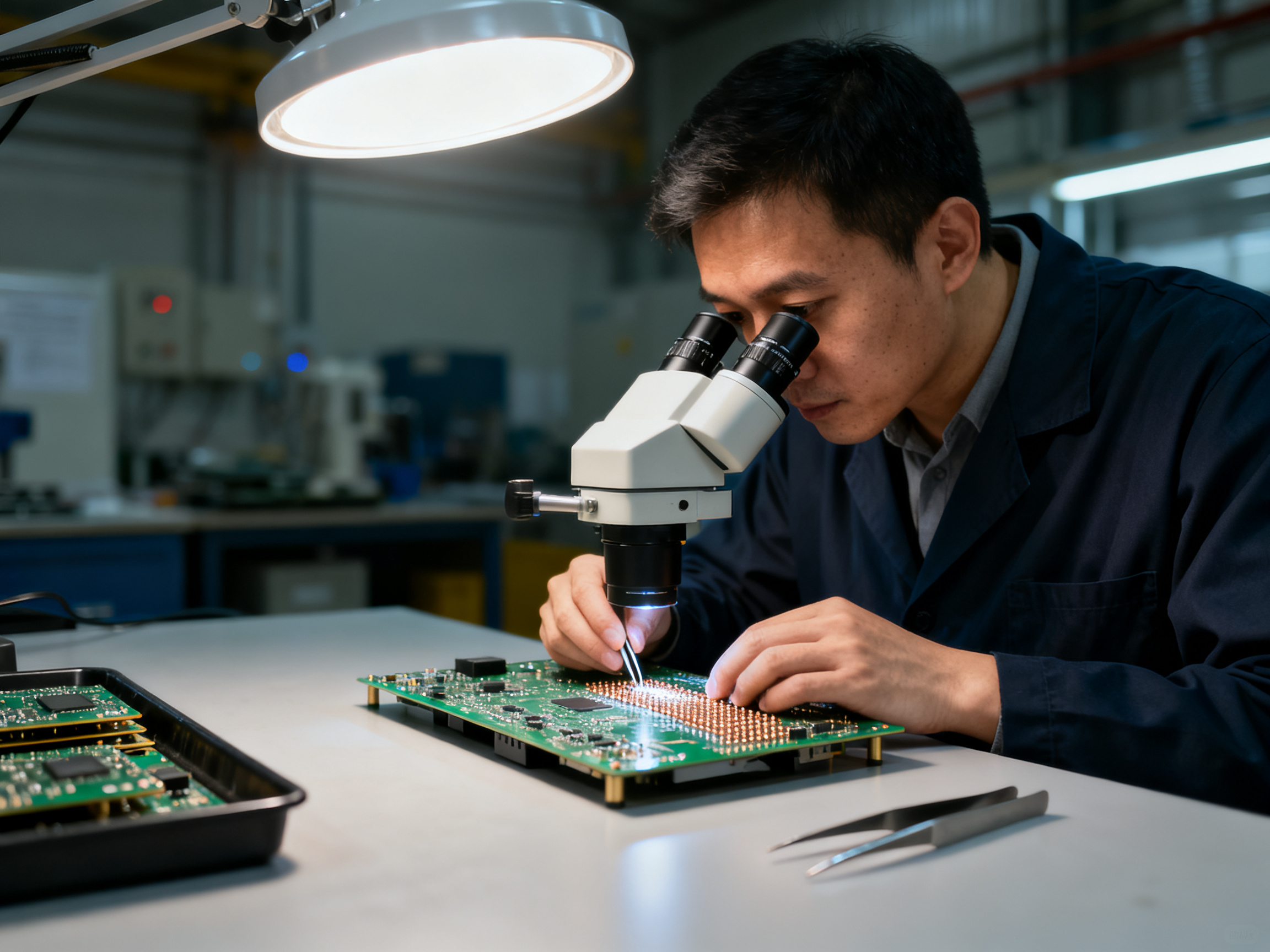 Close up documentary photo of an engineer looking into a stereo microscope over a printed circuit board.