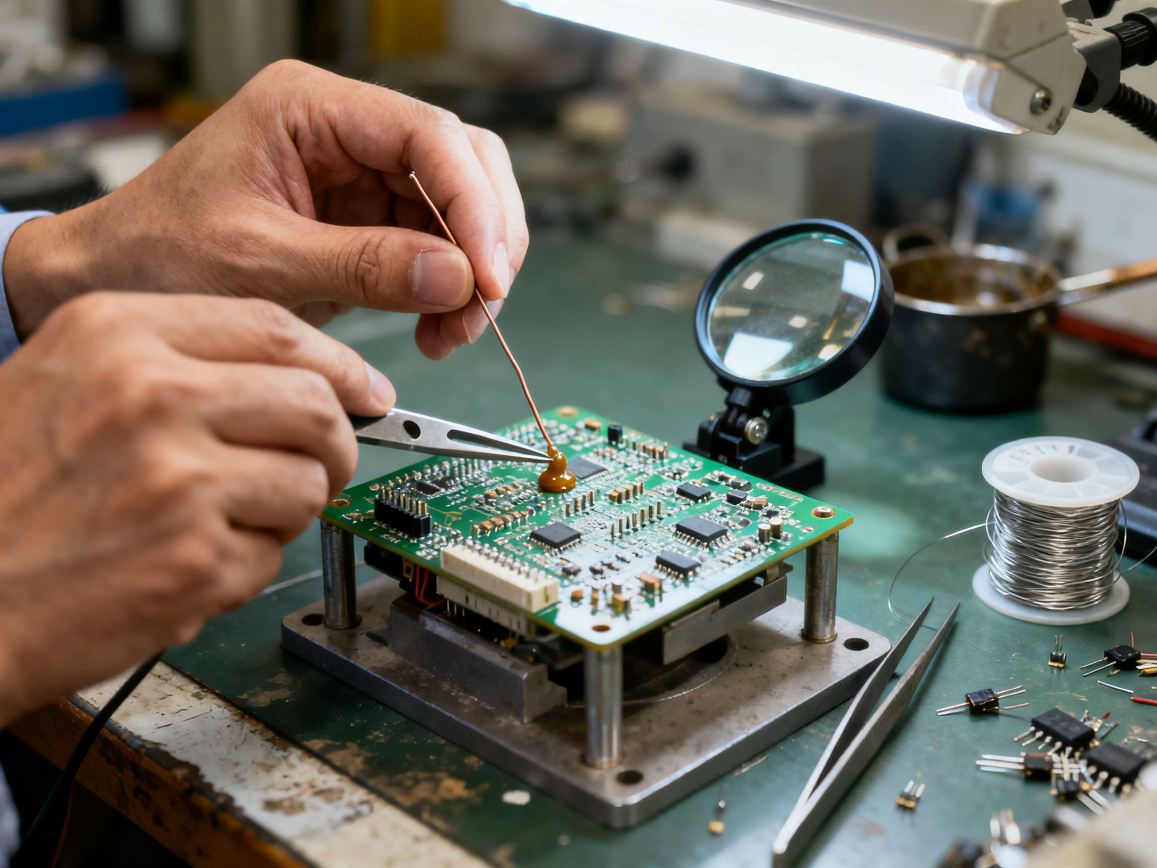 Reflow Oven Temperature Profiling: How to Measure, Read, and Optimize a Temperature Profile1 - S&M Co.Ltd Close-up documentary photograph of a process engineer's hands in an electronics facility.