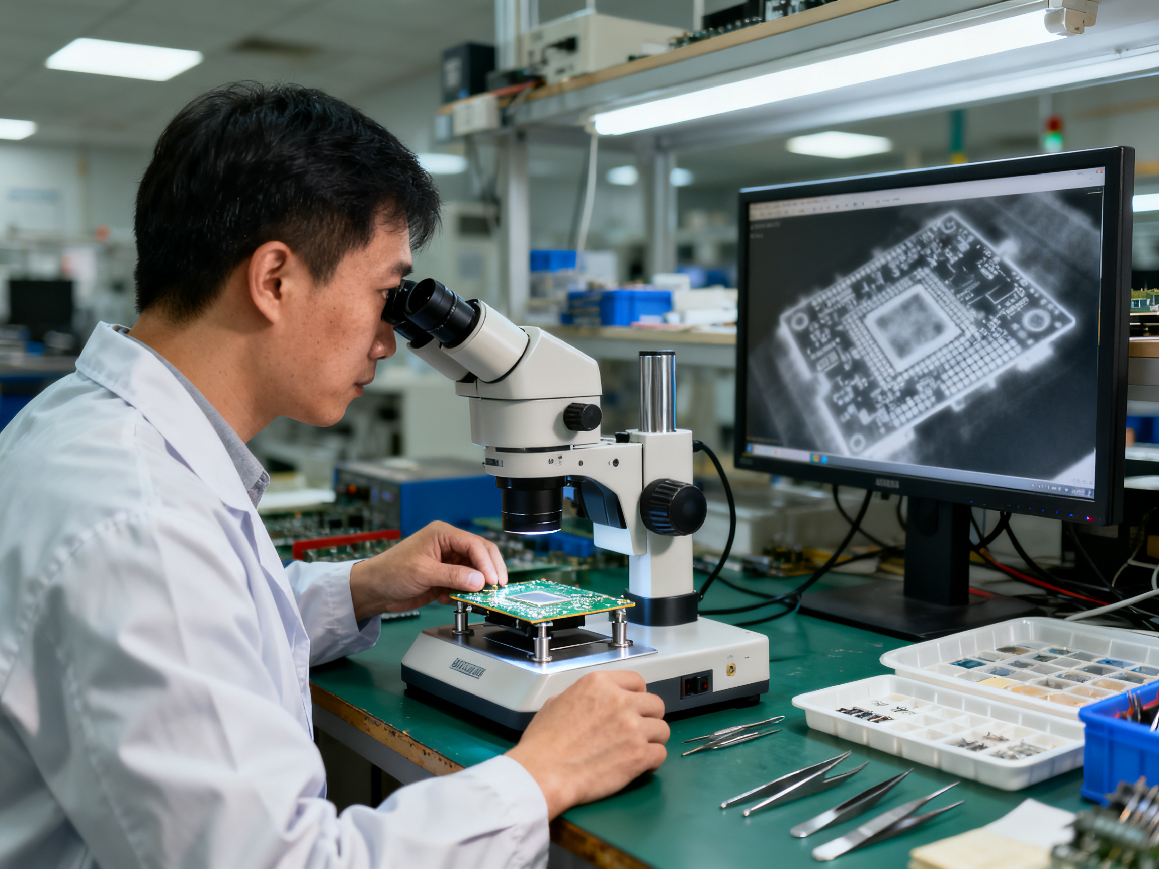 Reflow Oven Temperature Profiling: How to Measure, Read, and Optimize a Temperature Profile3 - S&M Co.Ltd Documentary photograph inside an electronics factory quality lab with a stereo microscope.
