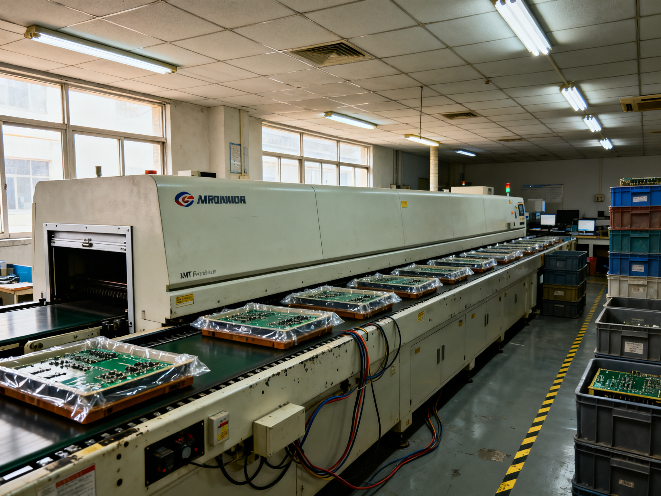 Reflow Oven Troubleshooting: The Tools, Software, and Diagnostic Methods That Find Real Defects - S&M Co.Ltd Wide documentary view of an ordinary SMT reflow production line in a working electronics factory.