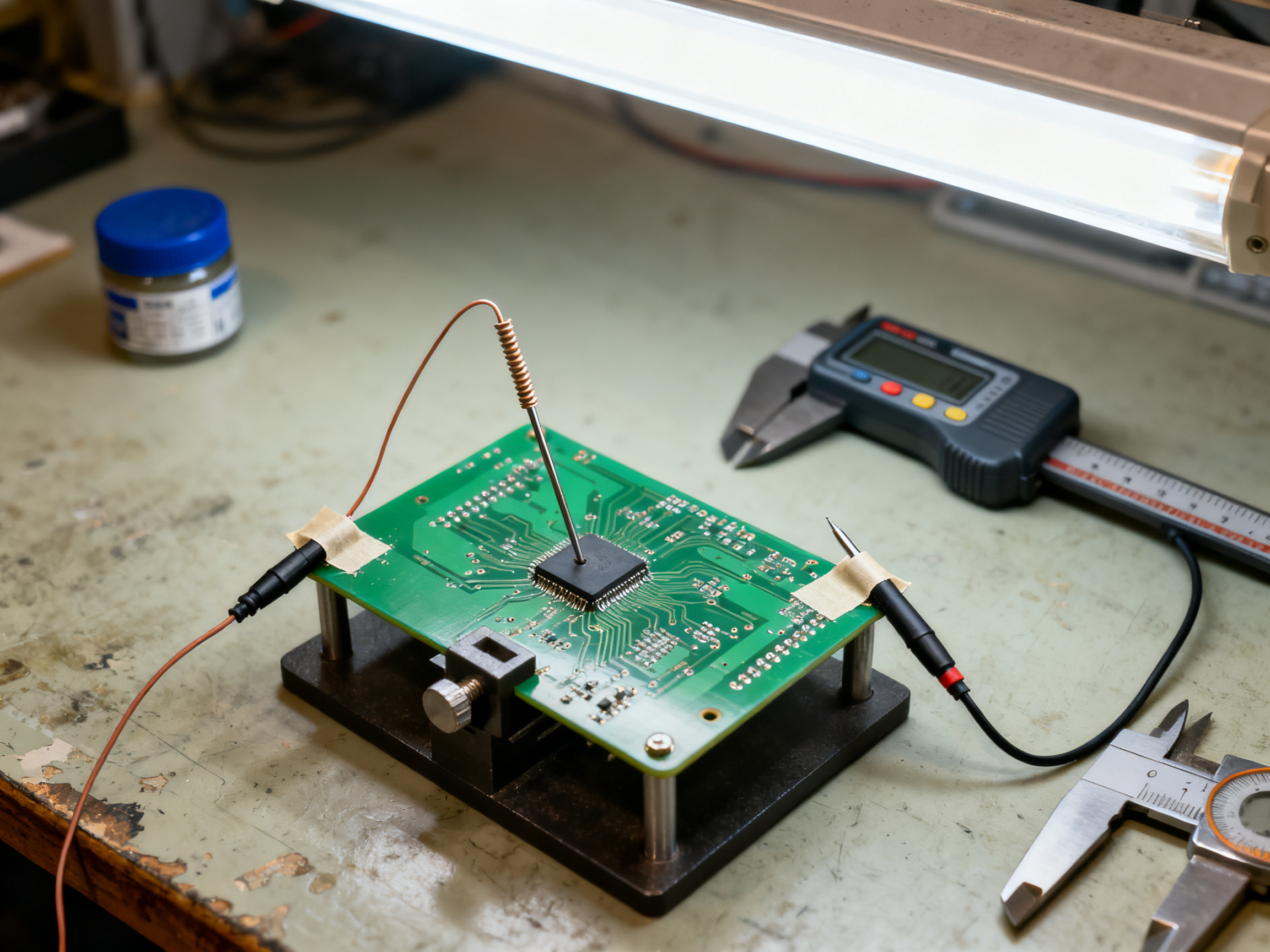 Reflow Oven Troubleshooting: The Tools, Software, and Diagnostic Methods That Find Real Defects2 - S&M Co.Ltd Close-up documentary scene of thermal profiling on a bare PCB clamped in a small fixture.