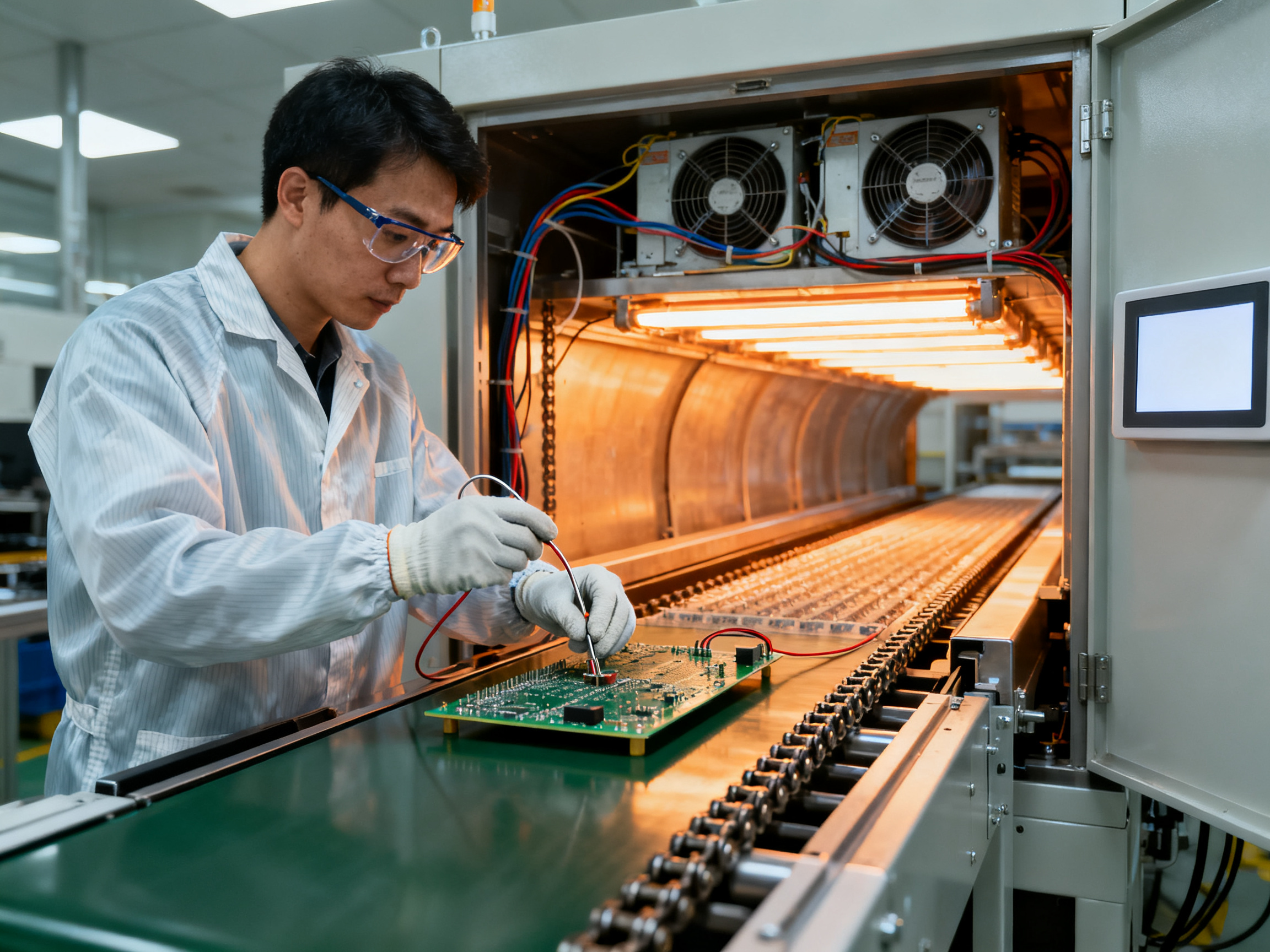 Reflow Oven Troubleshooting: The Tools, Software, and Diagnostic Methods That Find Real Defects1 - S&M Co.Ltd Mid-distance documentary shot inside the open side of an unbranded conveyor reflow oven.